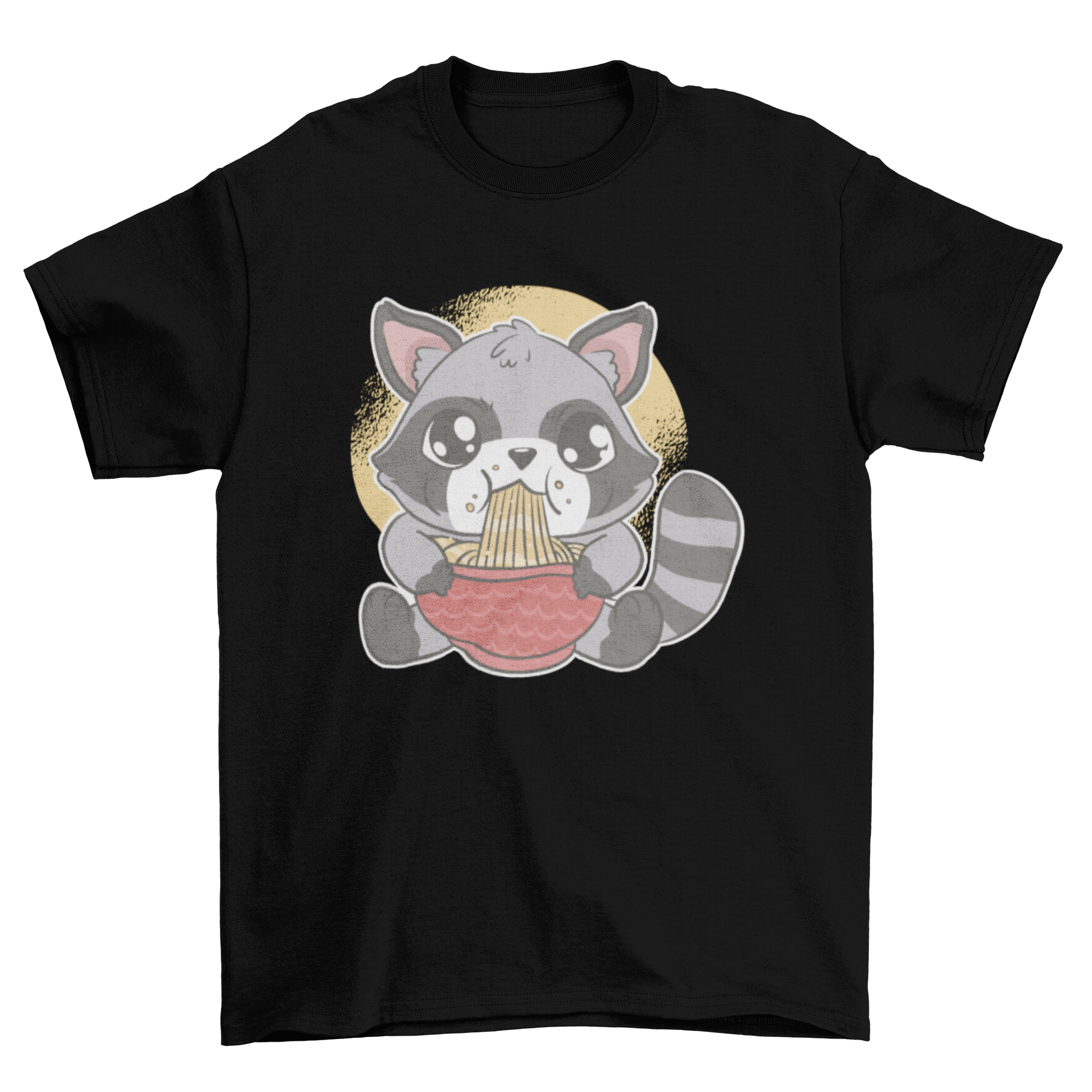 A cute raccoon happily eating a bowl of ramen on a stylish t-shirt.