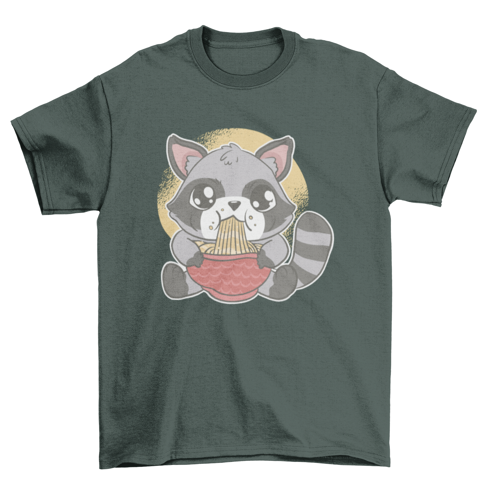 A cute raccoon happily eating a bowl of ramen on a stylish t-shirt.