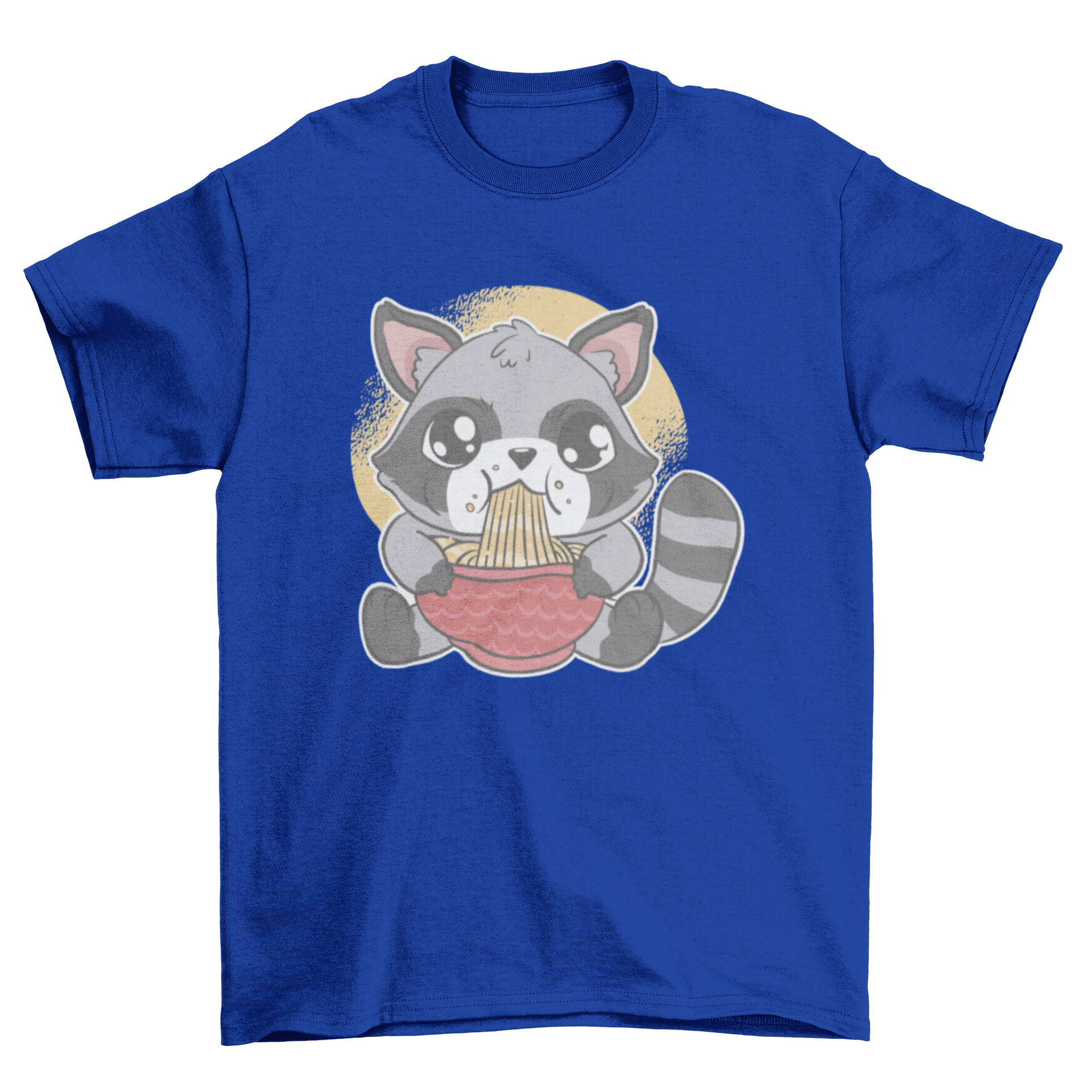 A cute raccoon happily eating a bowl of ramen on a stylish t-shirt.