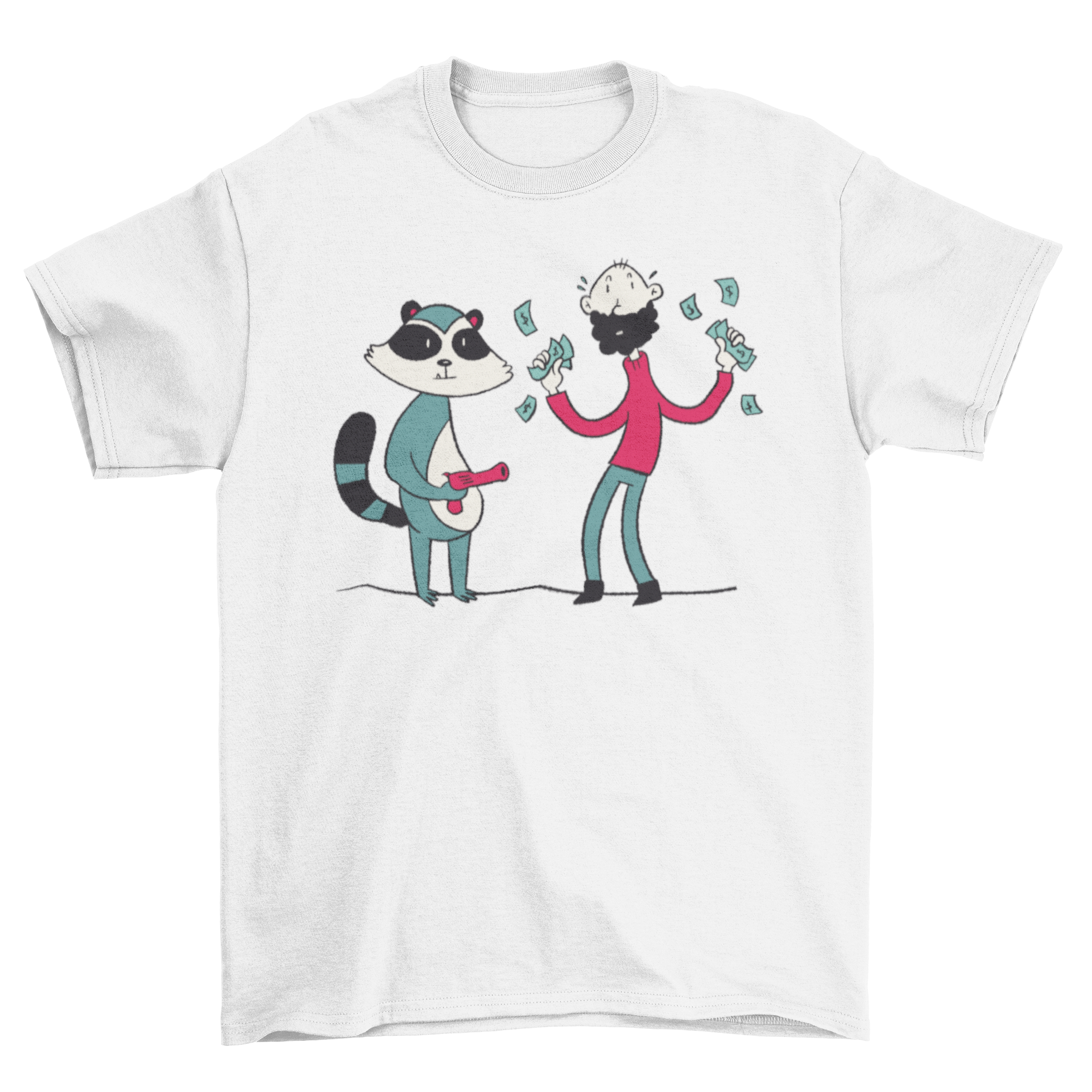 A playful t-shirt featuring a raccoon robbing a man, showcasing a humorous and unique design.