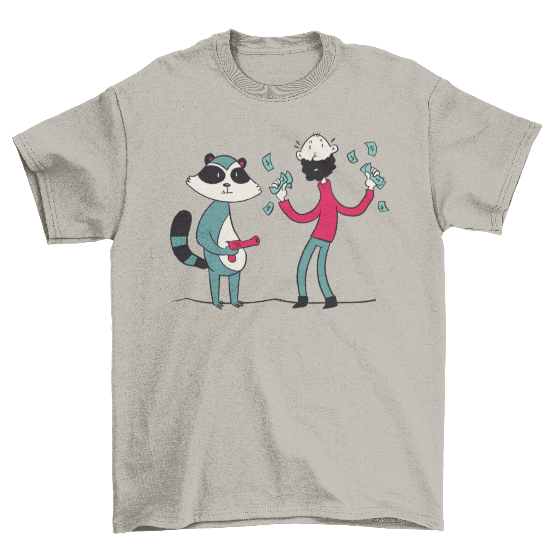 A playful t-shirt featuring a raccoon robbing a man, showcasing a humorous and unique design.