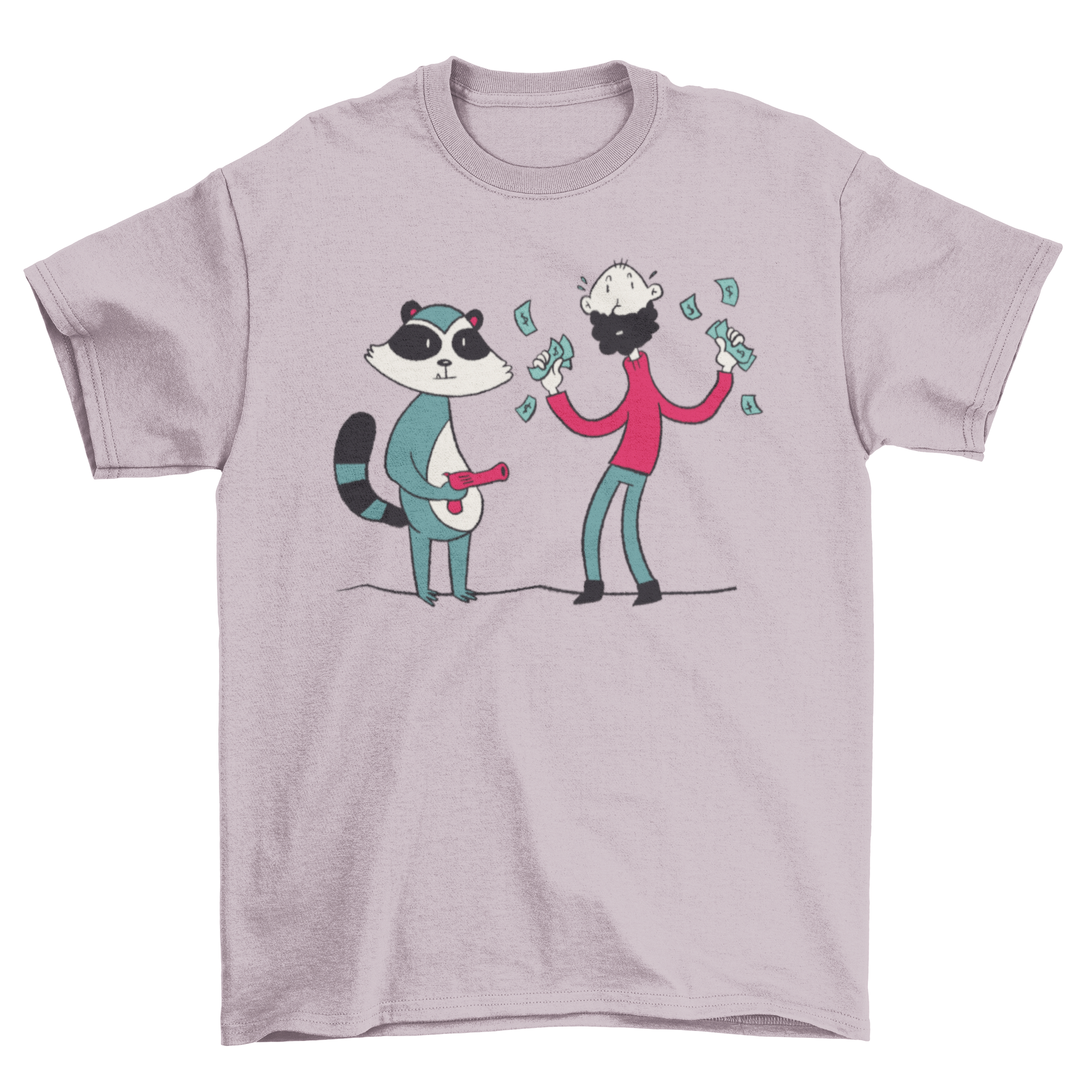 A playful t-shirt featuring a raccoon robbing a man, showcasing a humorous and unique design.