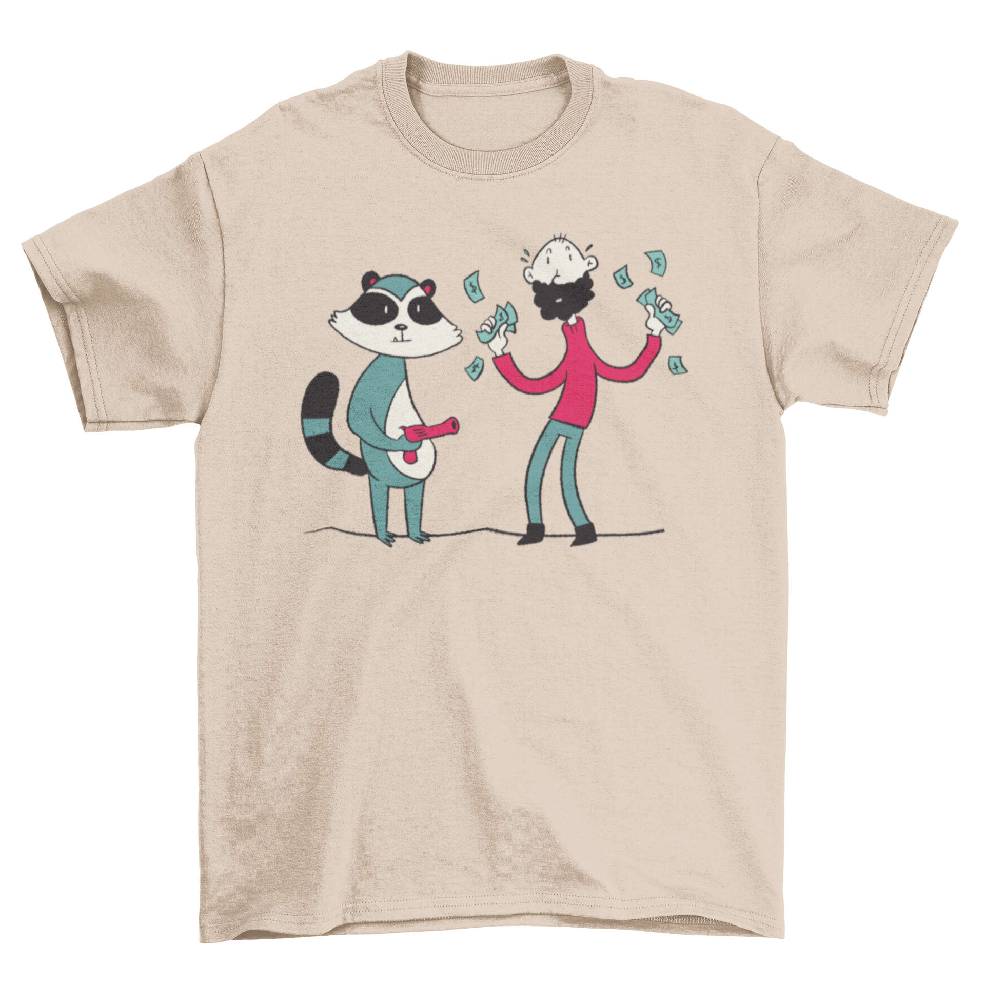 A playful t-shirt featuring a raccoon robbing a man, showcasing a humorous and unique design.