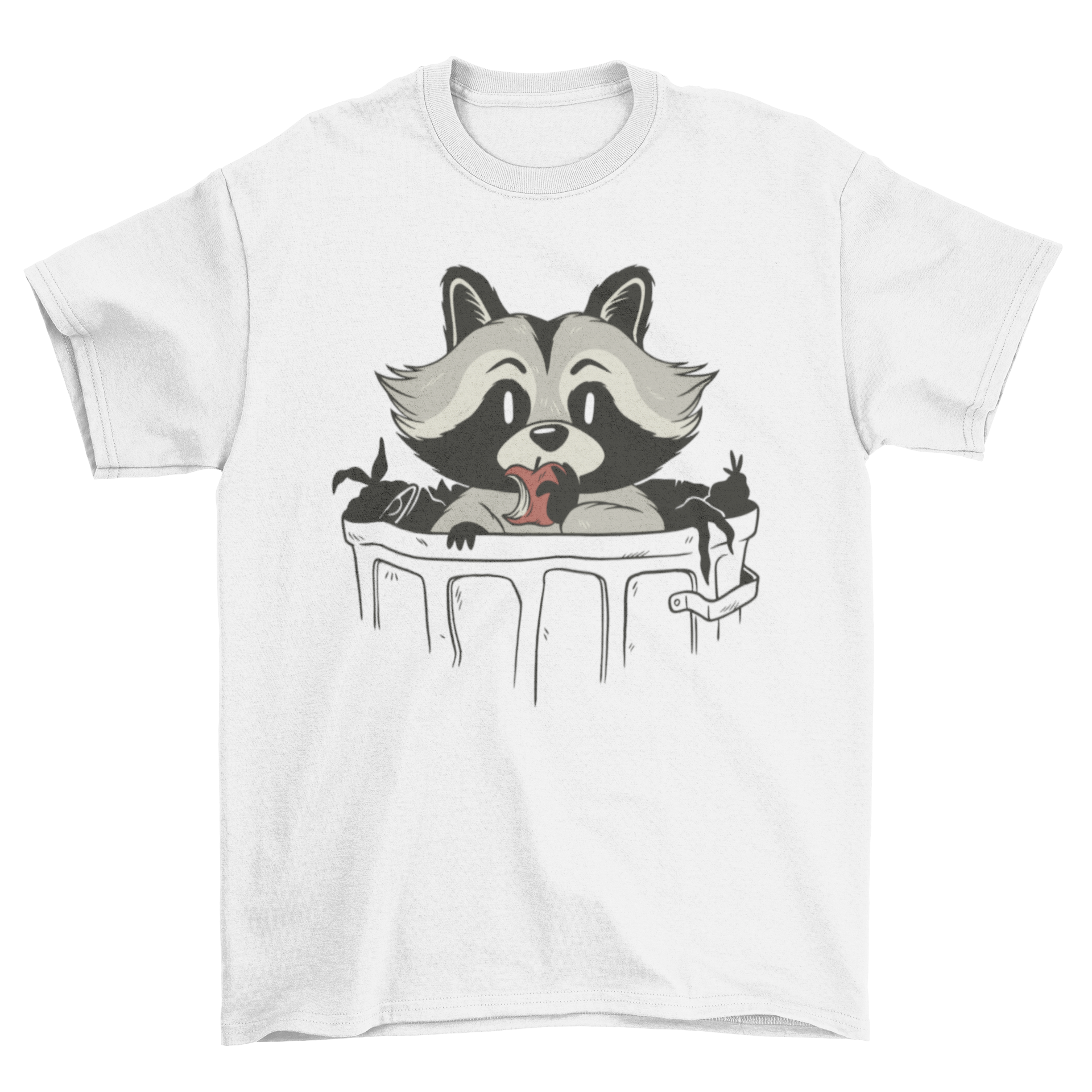 A funny t-shirt featuring a raccoon inside a trash can, eating an apple, showcasing a playful and humorous design.