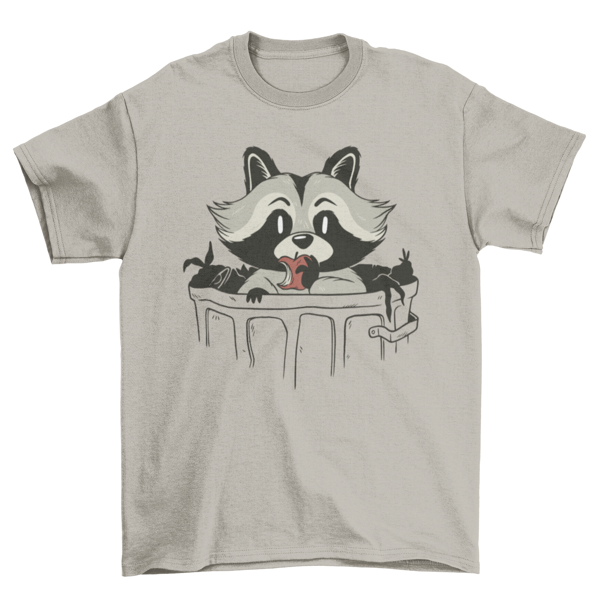 A funny t-shirt featuring a raccoon inside a trash can, eating an apple, showcasing a playful and humorous design.