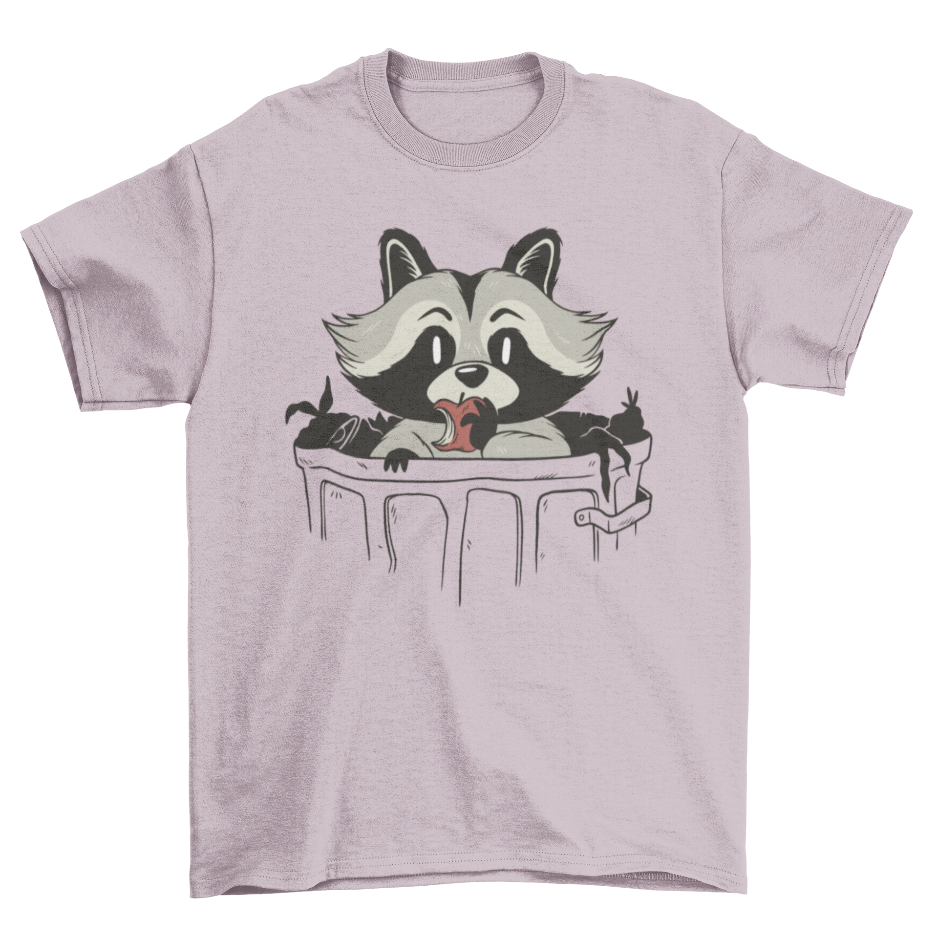 A funny t-shirt featuring a raccoon inside a trash can, eating an apple, showcasing a playful and humorous design.