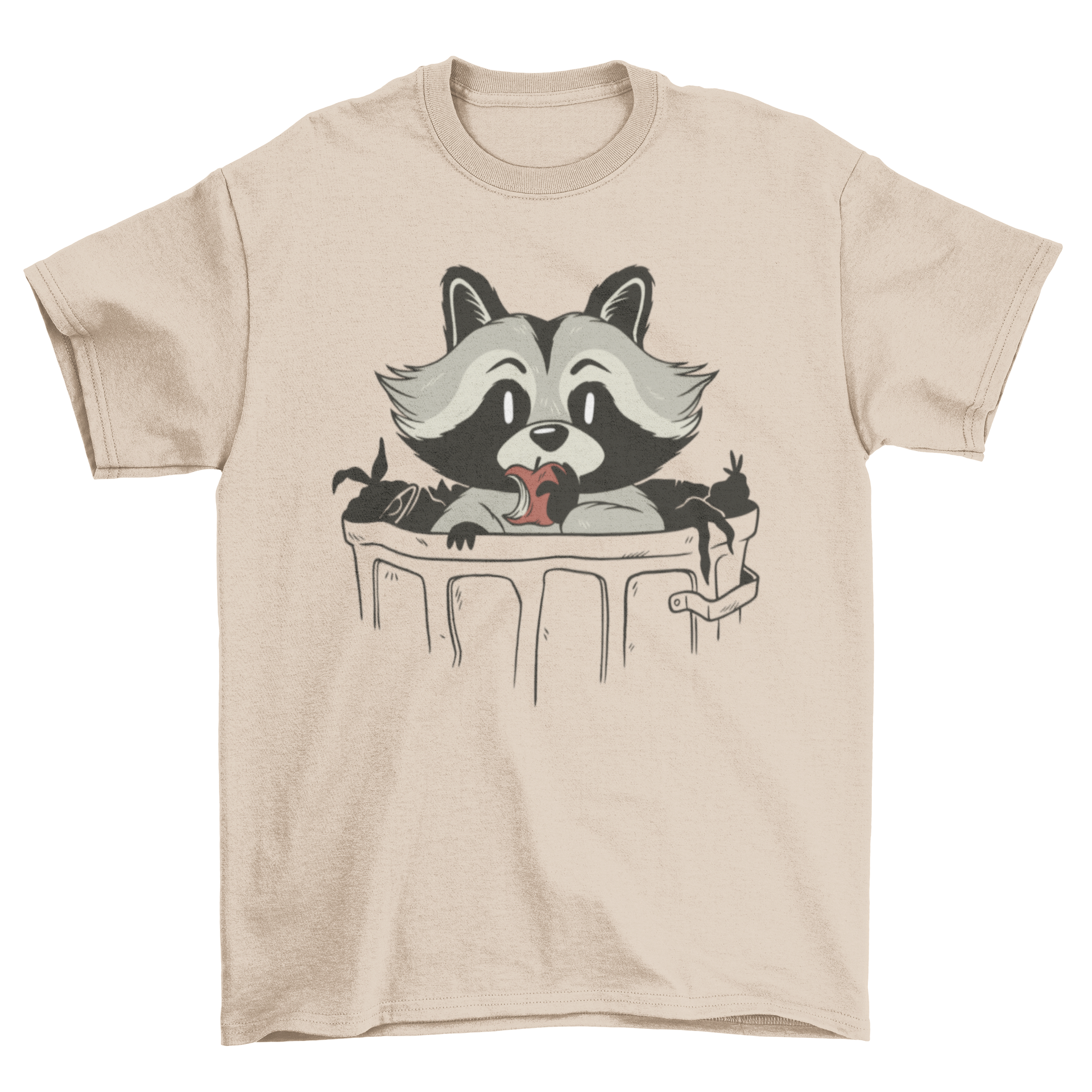 A funny t-shirt featuring a raccoon inside a trash can, eating an apple, showcasing a playful and humorous design.