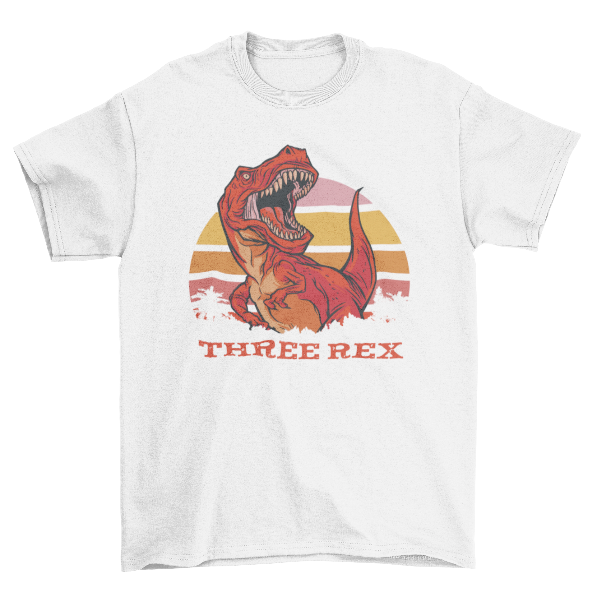 Rad Three T-Rex T-Shirt featuring a colorful dinosaur design and the quote 'Three rex'.