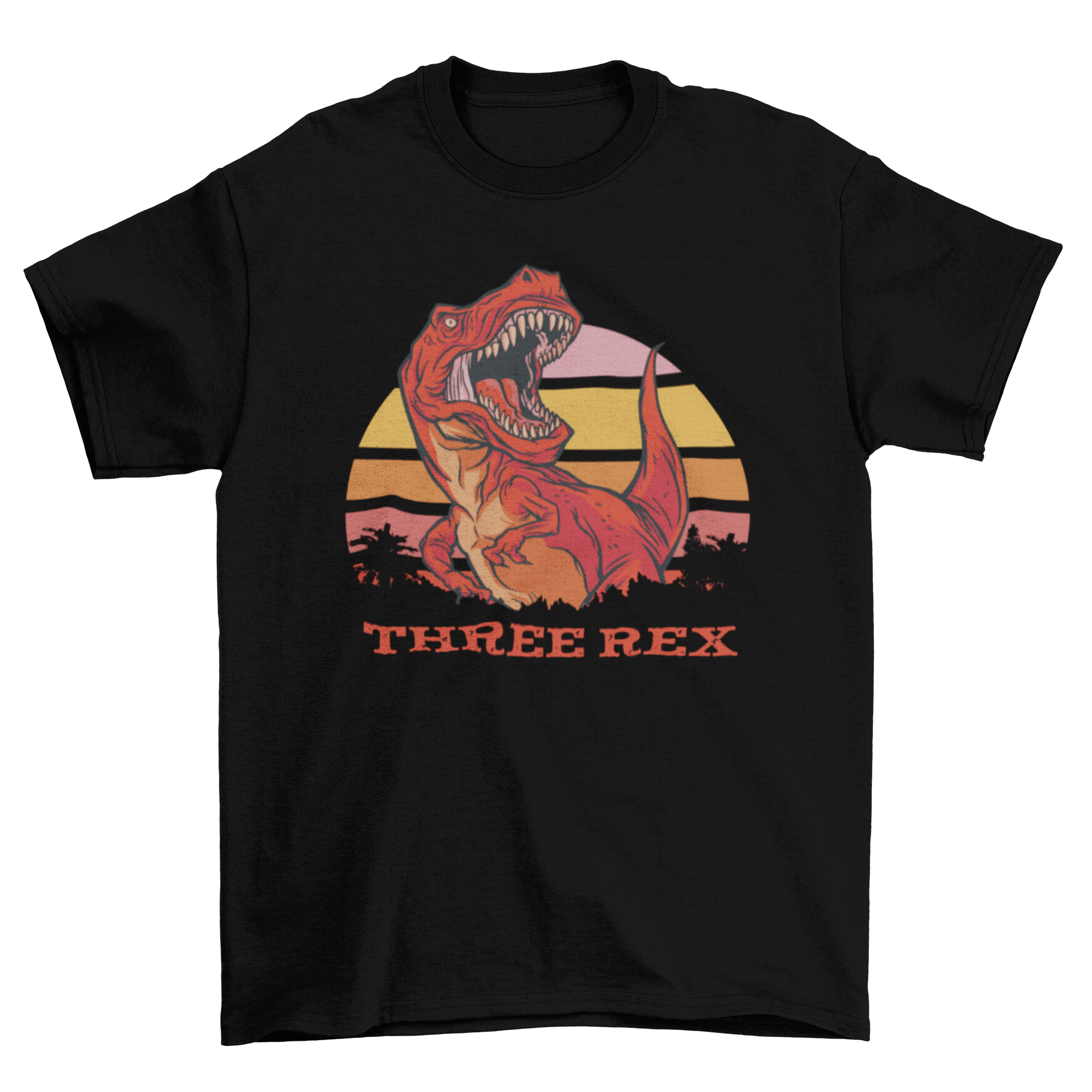 Rad Three T-Rex T-Shirt featuring a colorful dinosaur design and the quote 'Three rex'.