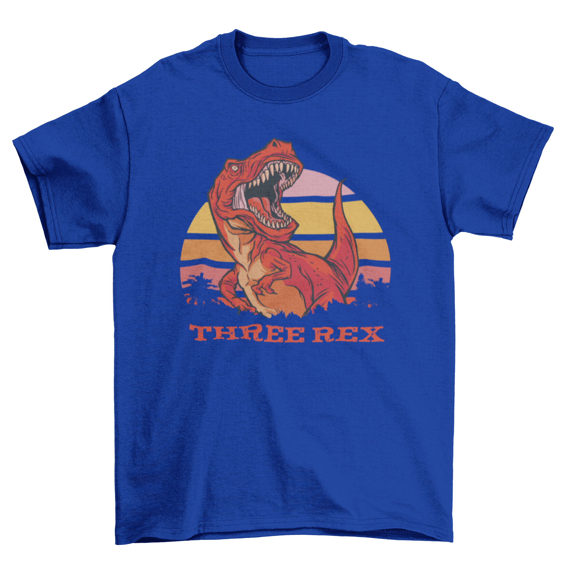 Rad Three T-Rex T-Shirt featuring a colorful dinosaur design and the quote 'Three rex'.