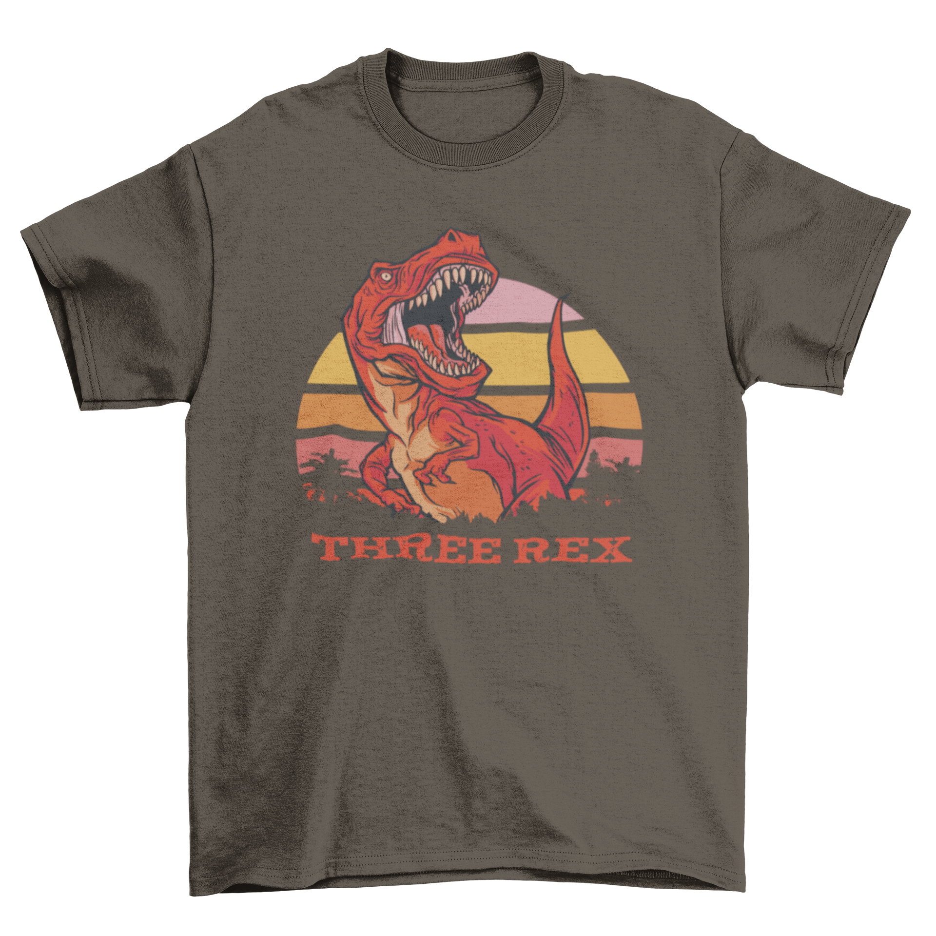 Rad Three T-Rex T-Shirt featuring a colorful dinosaur design and the quote 'Three rex'.