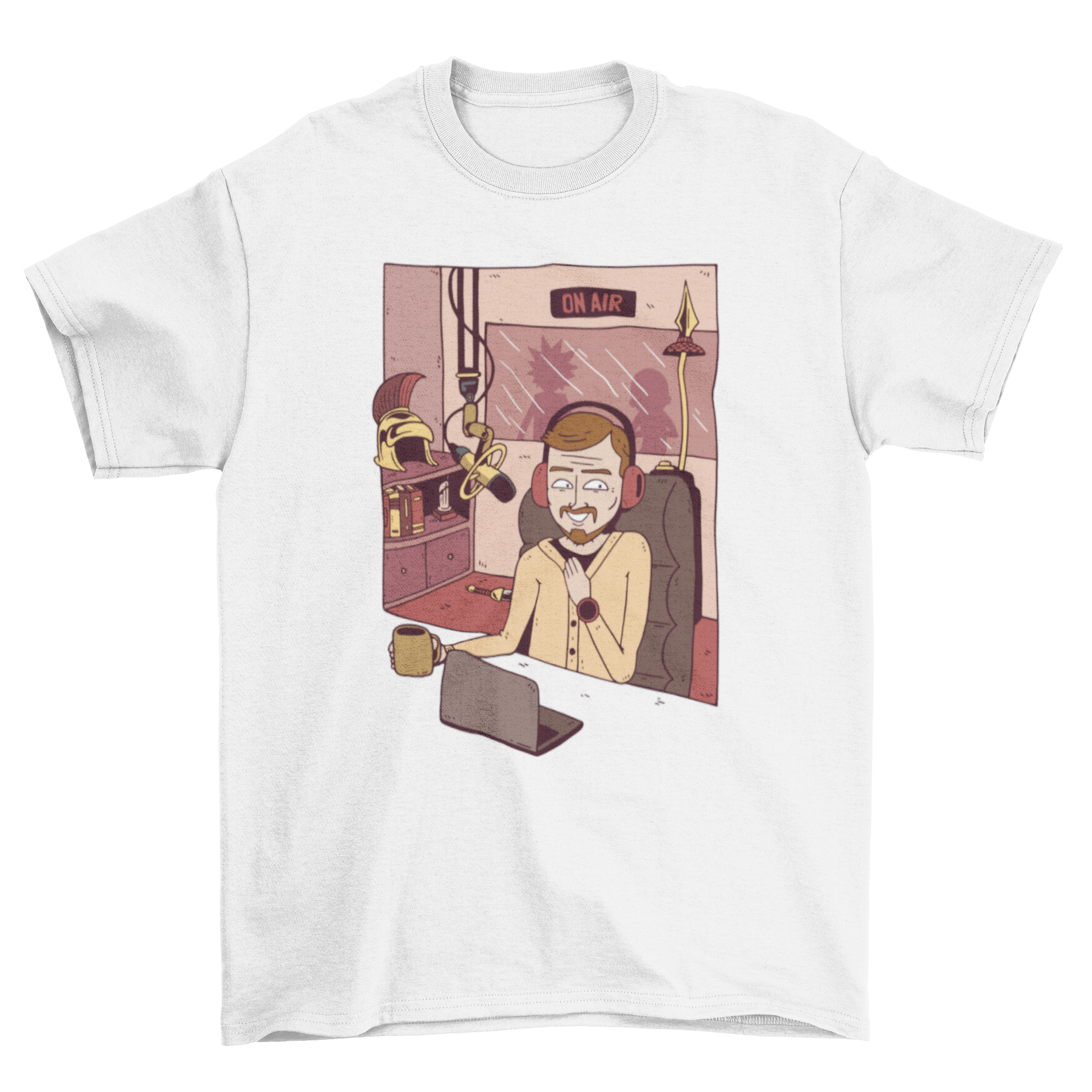 A vibrant Radio Man T-Shirt featuring a cartoon illustration of a man in a radio studio, showcasing creativity and passion for broadcasting.