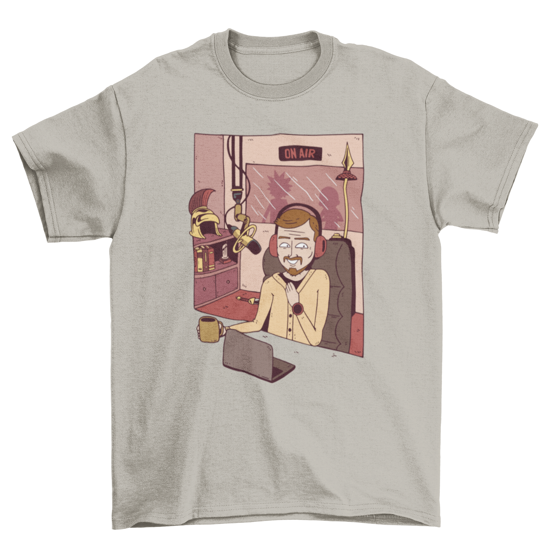 A vibrant Radio Man T-Shirt featuring a cartoon illustration of a man in a radio studio, showcasing creativity and passion for broadcasting.