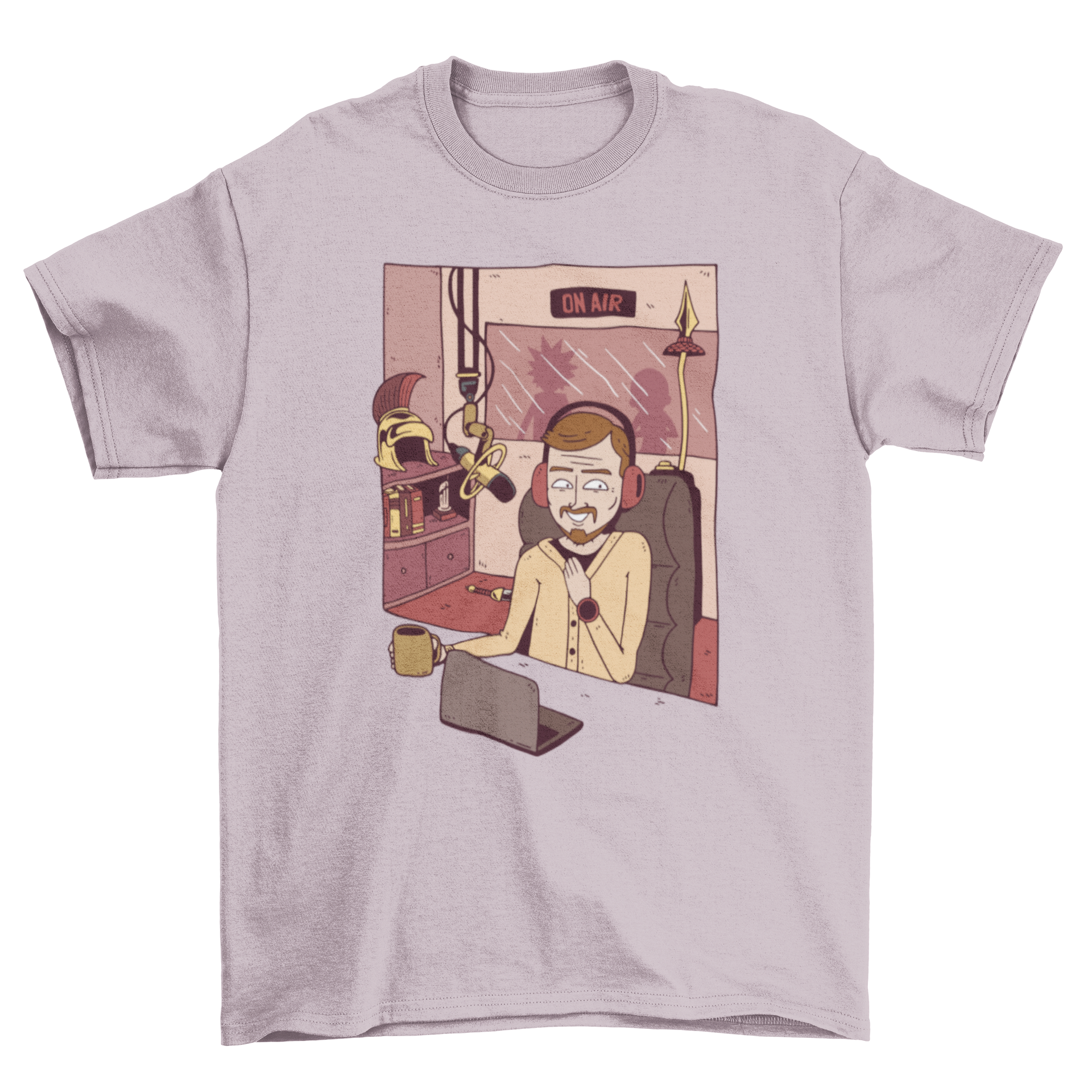 A vibrant Radio Man T-Shirt featuring a cartoon illustration of a man in a radio studio, showcasing creativity and passion for broadcasting.