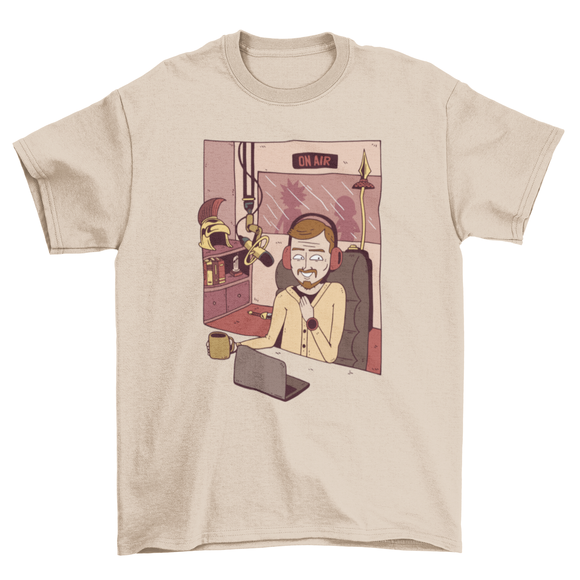 A vibrant Radio Man T-Shirt featuring a cartoon illustration of a man in a radio studio, showcasing creativity and passion for broadcasting.