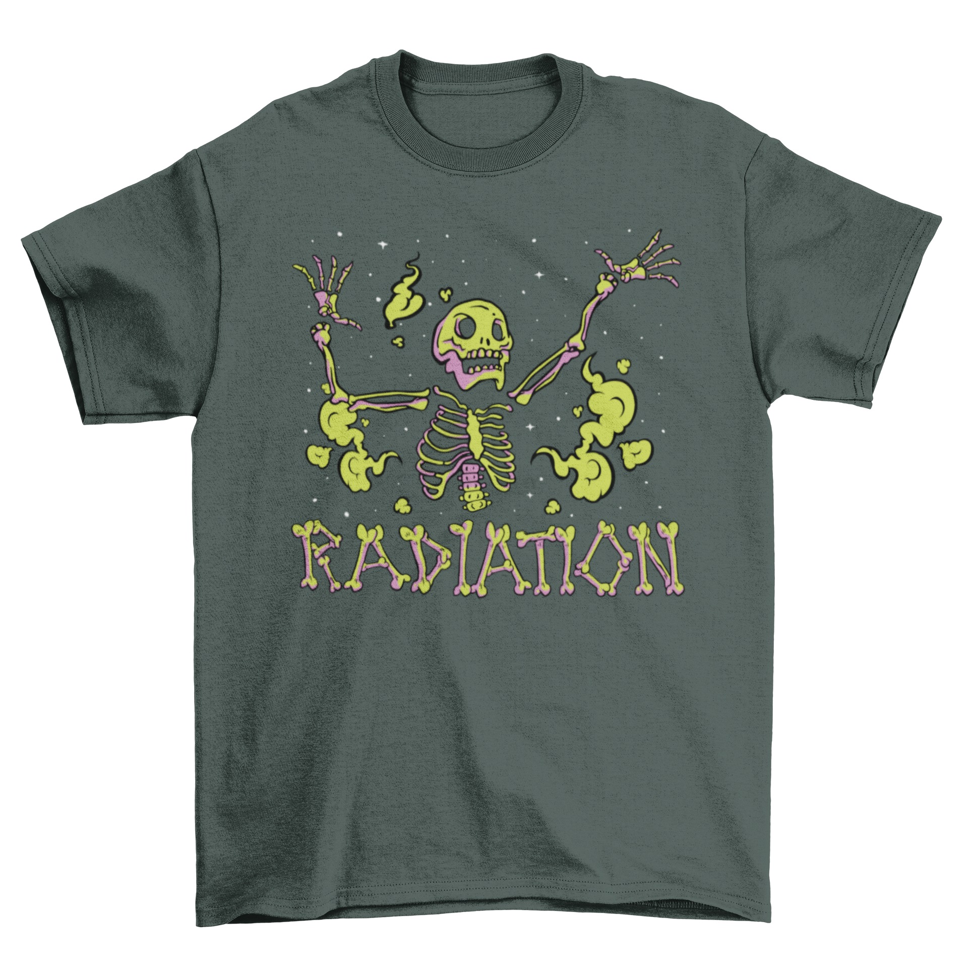 A vibrant green t-shirt featuring a skeleton design with the word 'Radiation' printed below it.