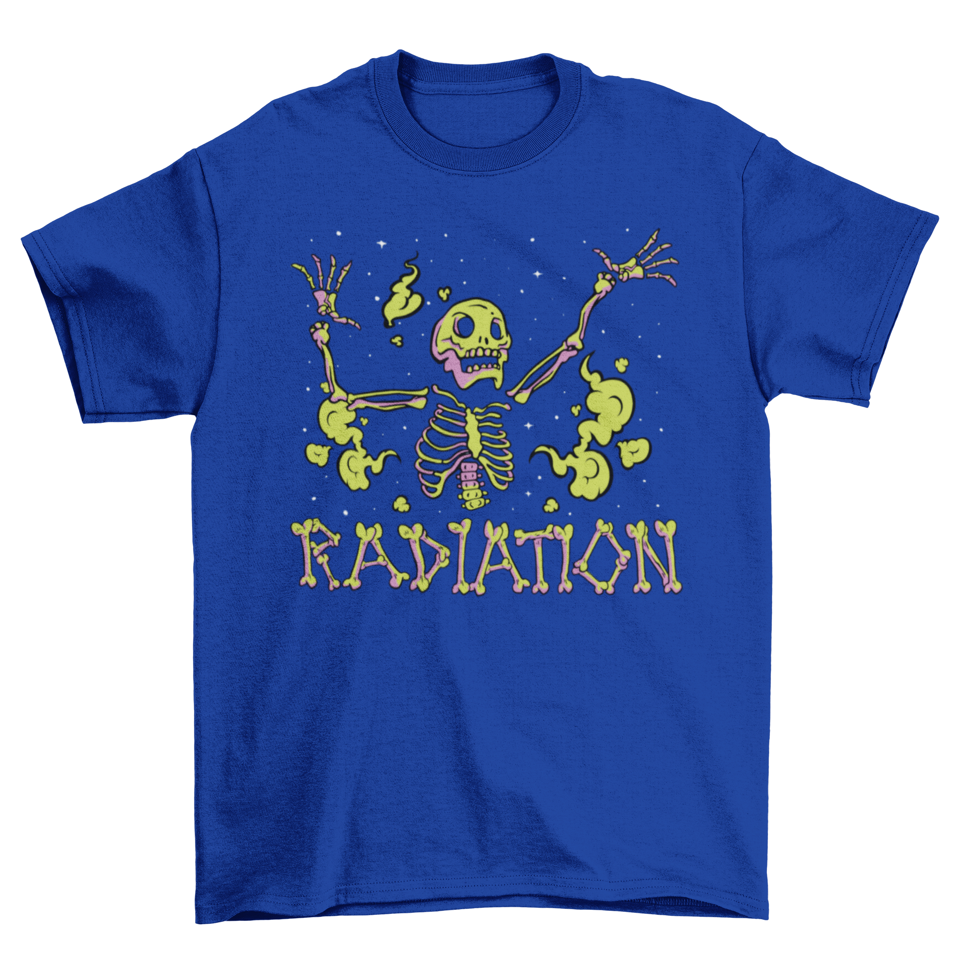 A vibrant green t-shirt featuring a skeleton design with the word 'Radiation' printed below it.