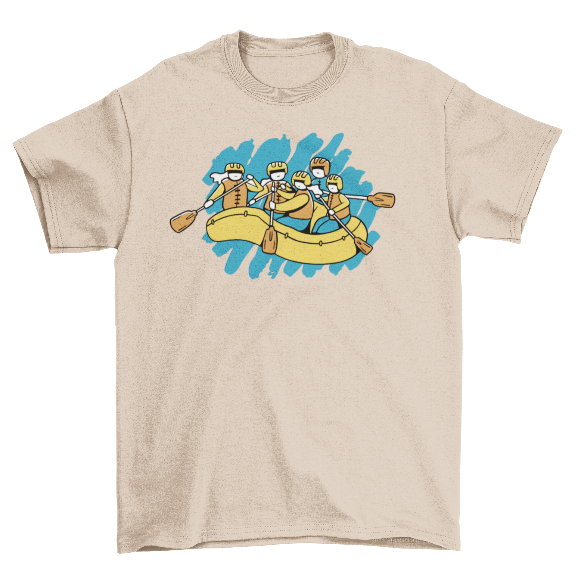 A vibrant t-shirt featuring a colorful stroke design of a rafting boat, perfect for outdoor enthusiasts.