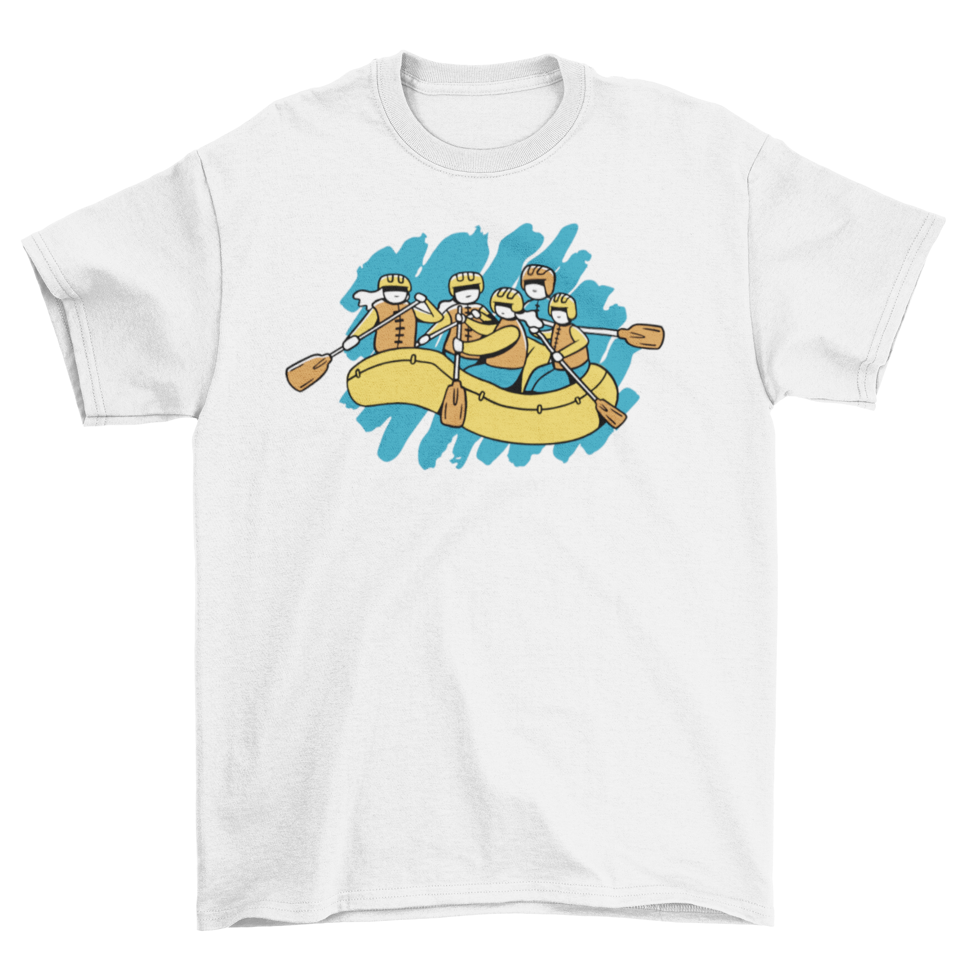 A vibrant t-shirt featuring a colorful stroke design of a rafting boat, perfect for outdoor enthusiasts.