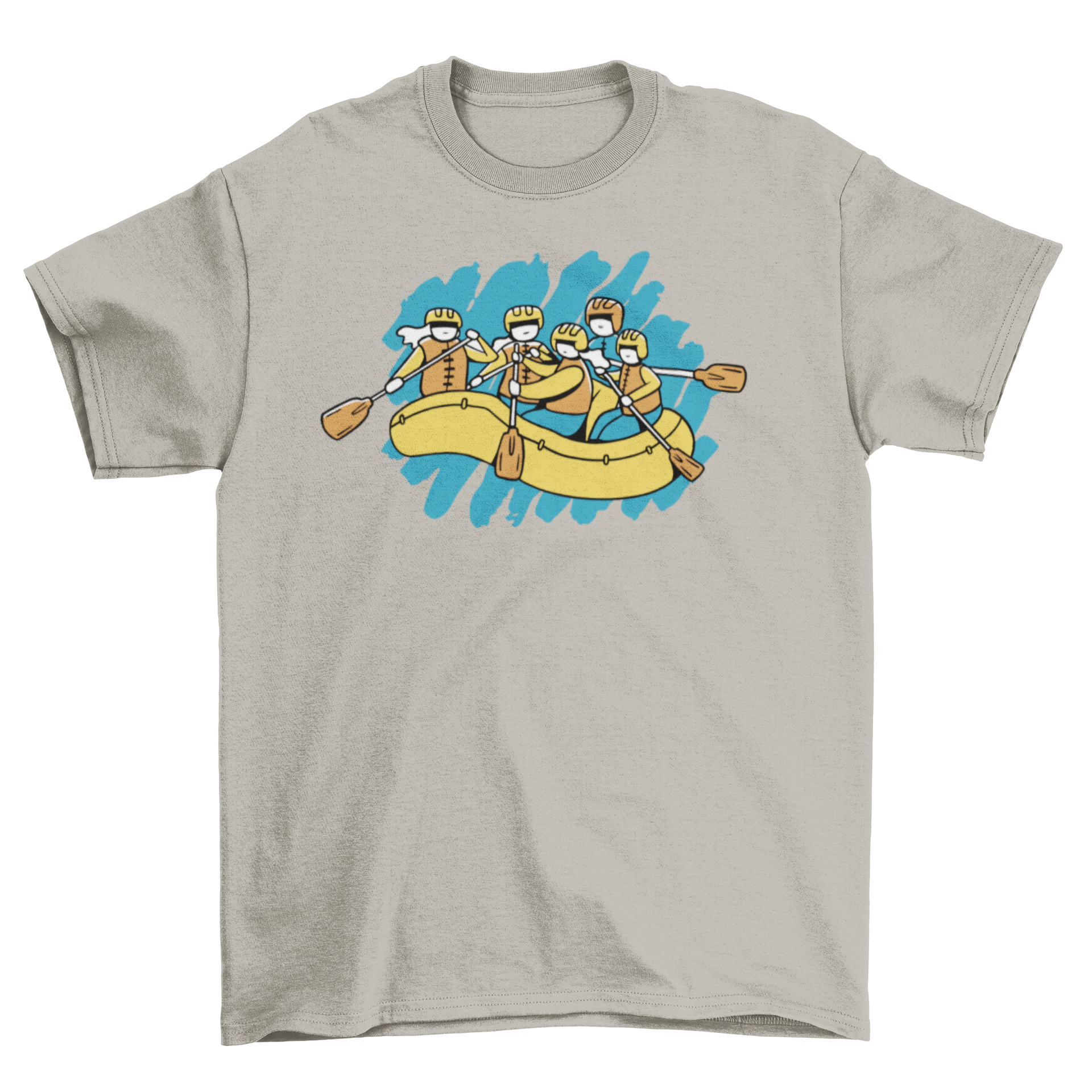 A vibrant t-shirt featuring a colorful stroke design of a rafting boat, perfect for outdoor enthusiasts.