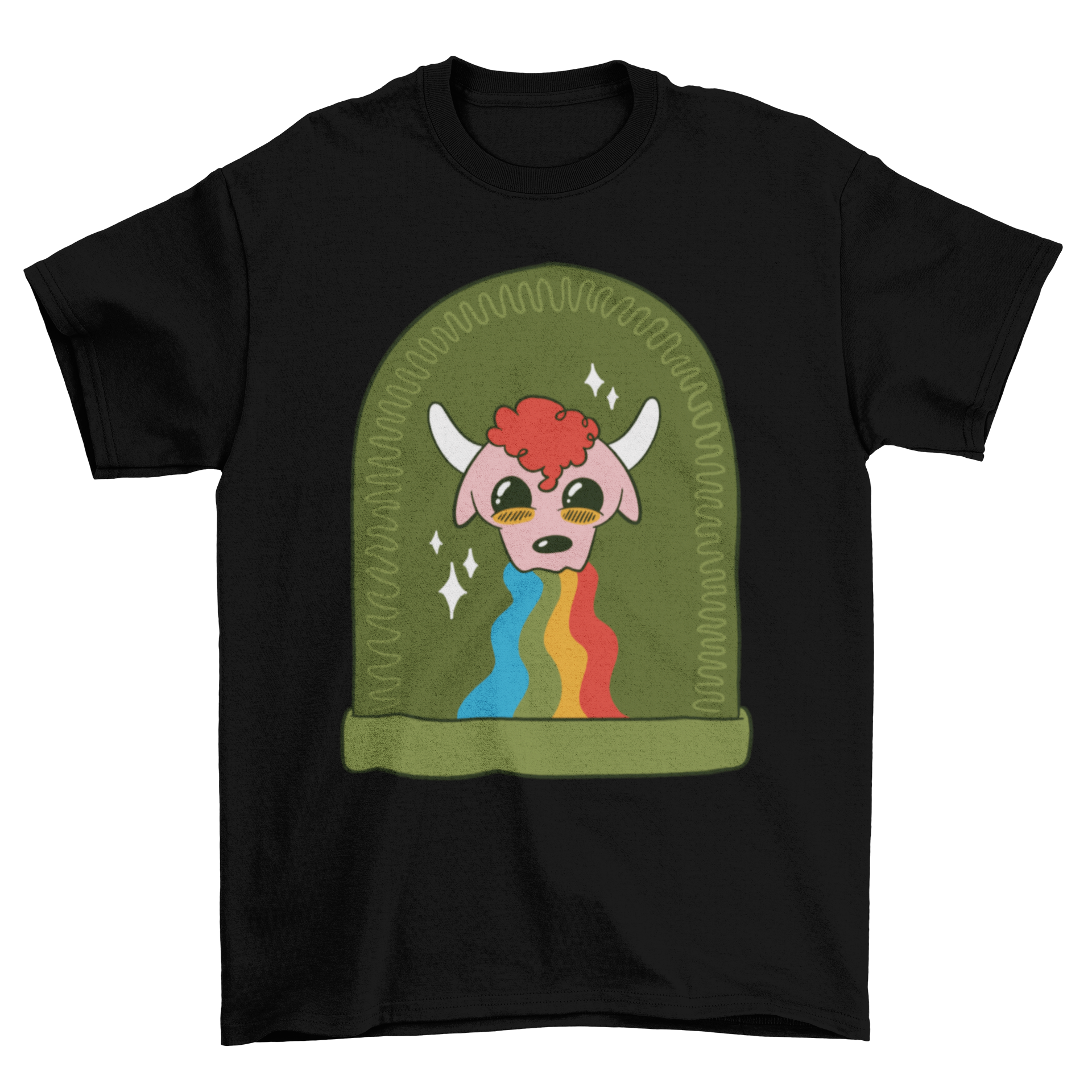 A colorful t-shirt featuring a cartoon bull vomiting a rainbow, showcasing a fun and whimsical design.