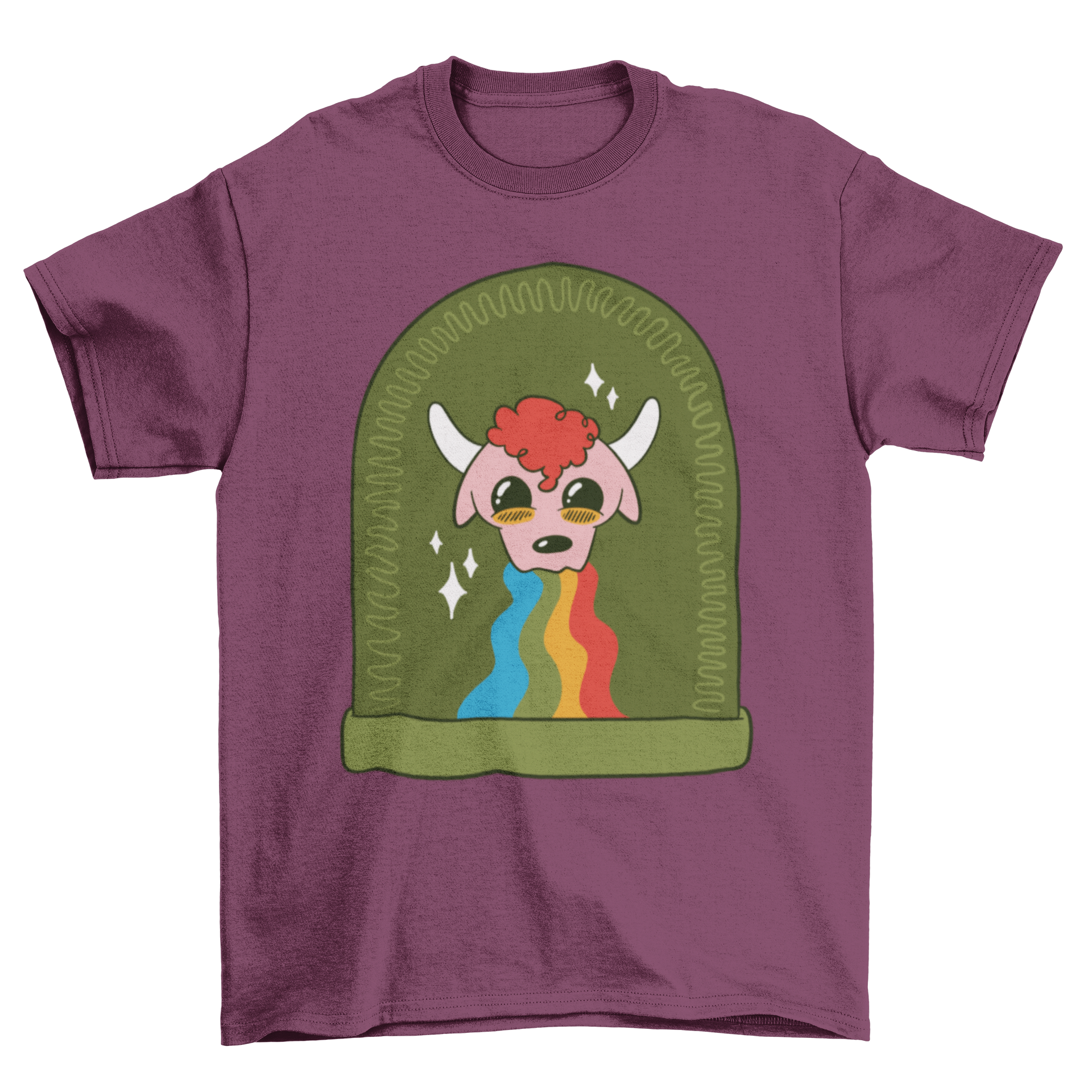 A colorful t-shirt featuring a cartoon bull vomiting a rainbow, showcasing a fun and whimsical design.