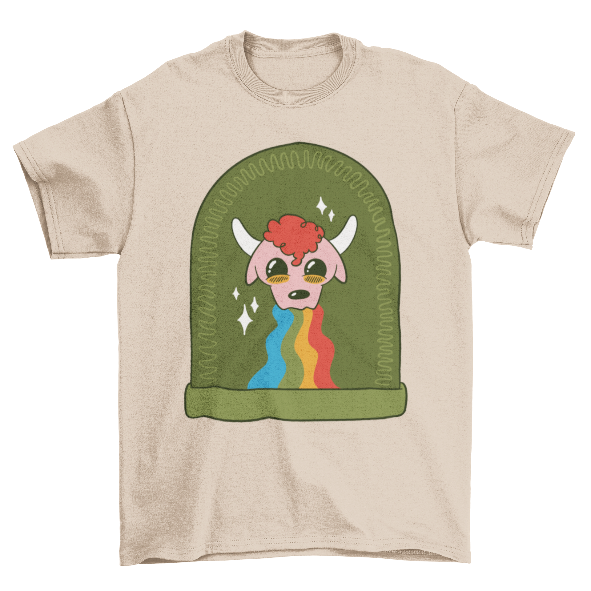 A colorful t-shirt featuring a cartoon bull vomiting a rainbow, showcasing a fun and whimsical design.