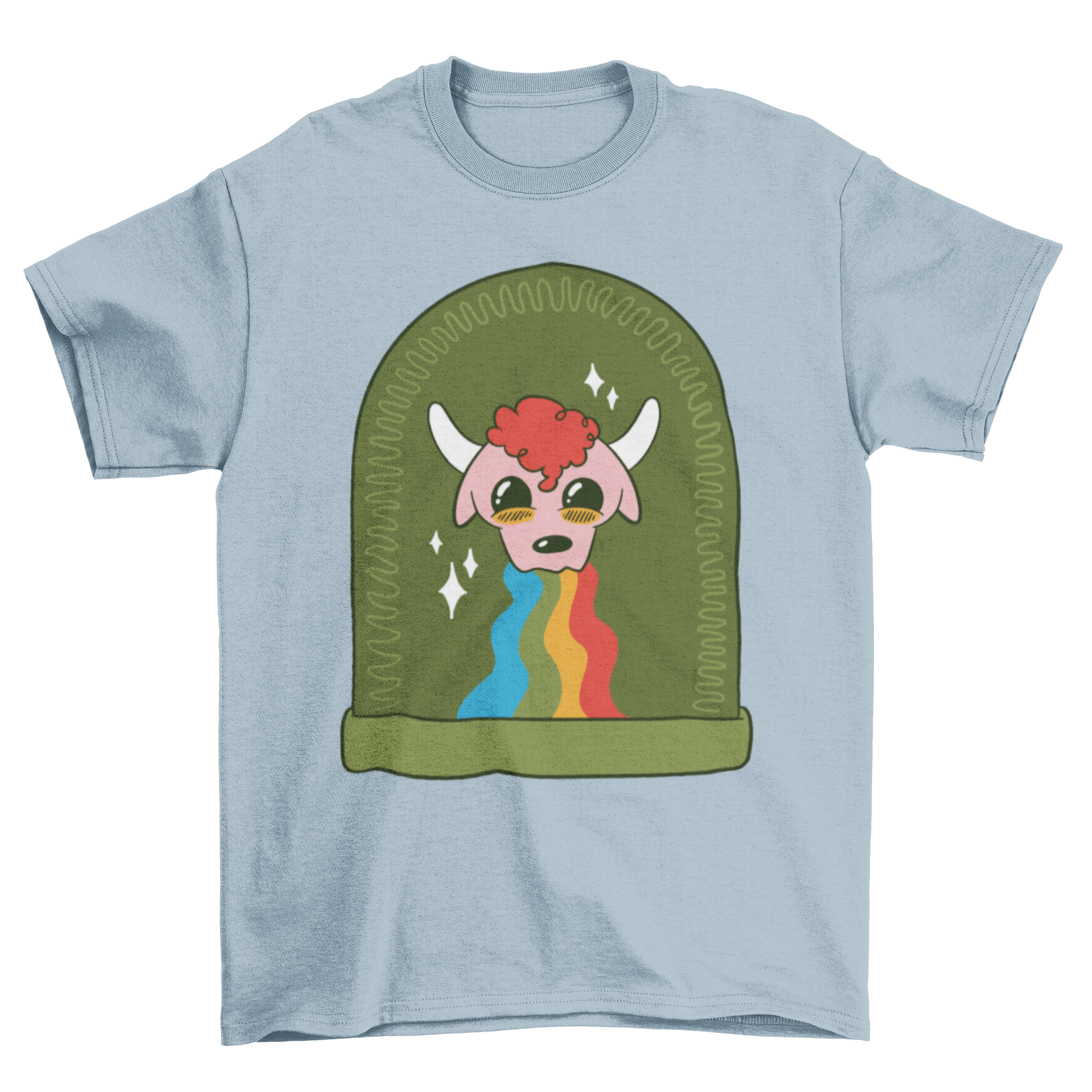 A colorful t-shirt featuring a cartoon bull vomiting a rainbow, showcasing a fun and whimsical design.