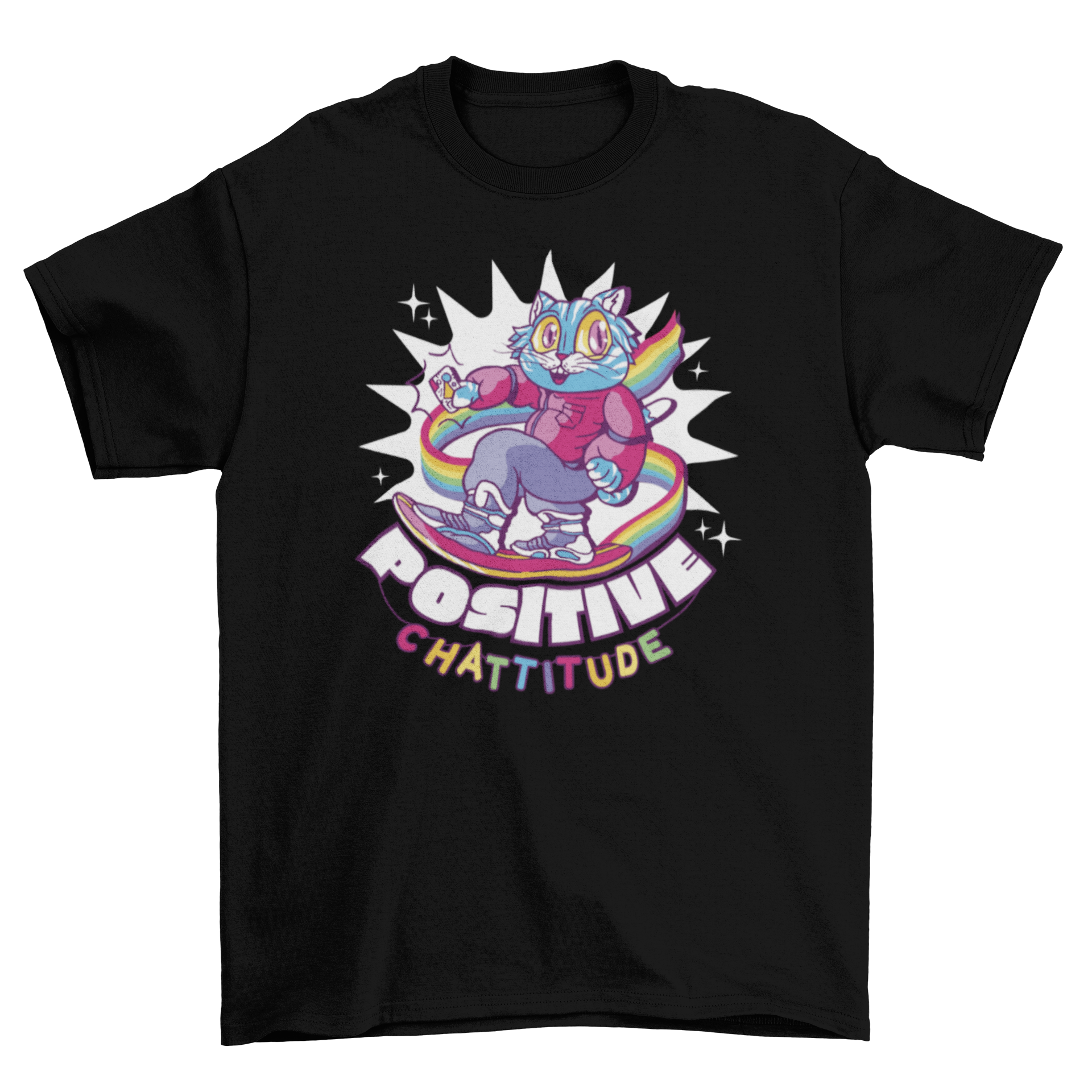 A colorful t-shirt featuring a rainbow cat riding a hoverboard with the quote 'Positive chattitude'.