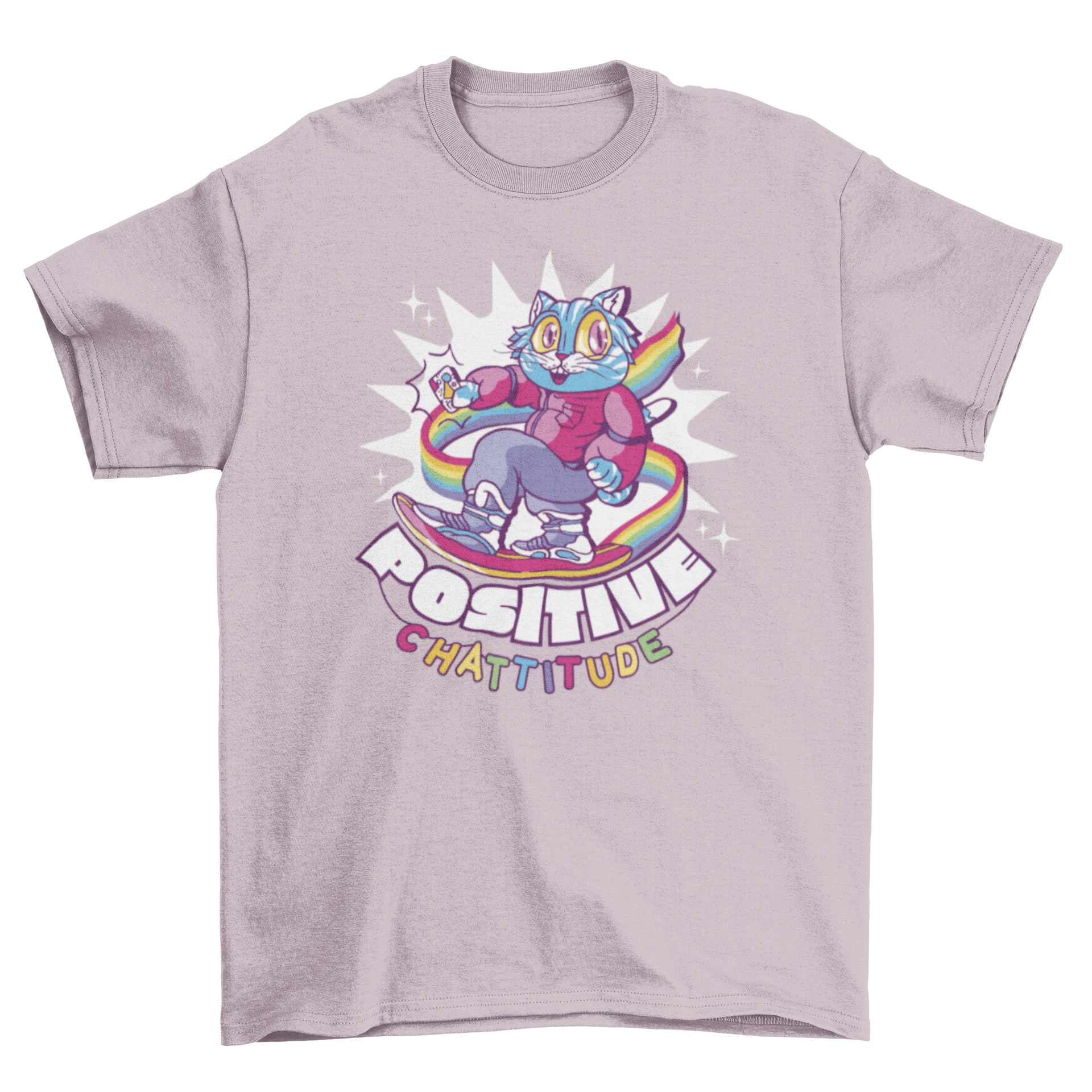 A colorful t-shirt featuring a rainbow cat riding a hoverboard with the quote 'Positive chattitude'.