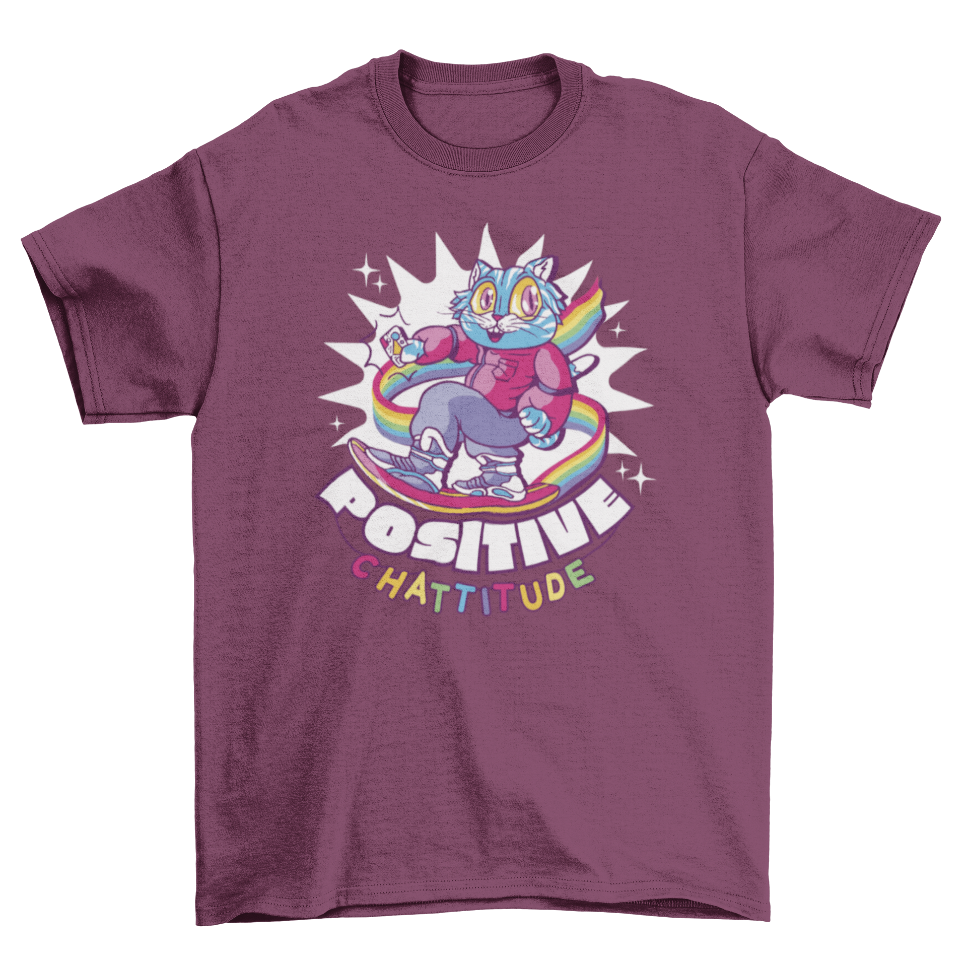 A colorful t-shirt featuring a rainbow cat riding a hoverboard with the quote 'Positive chattitude'.