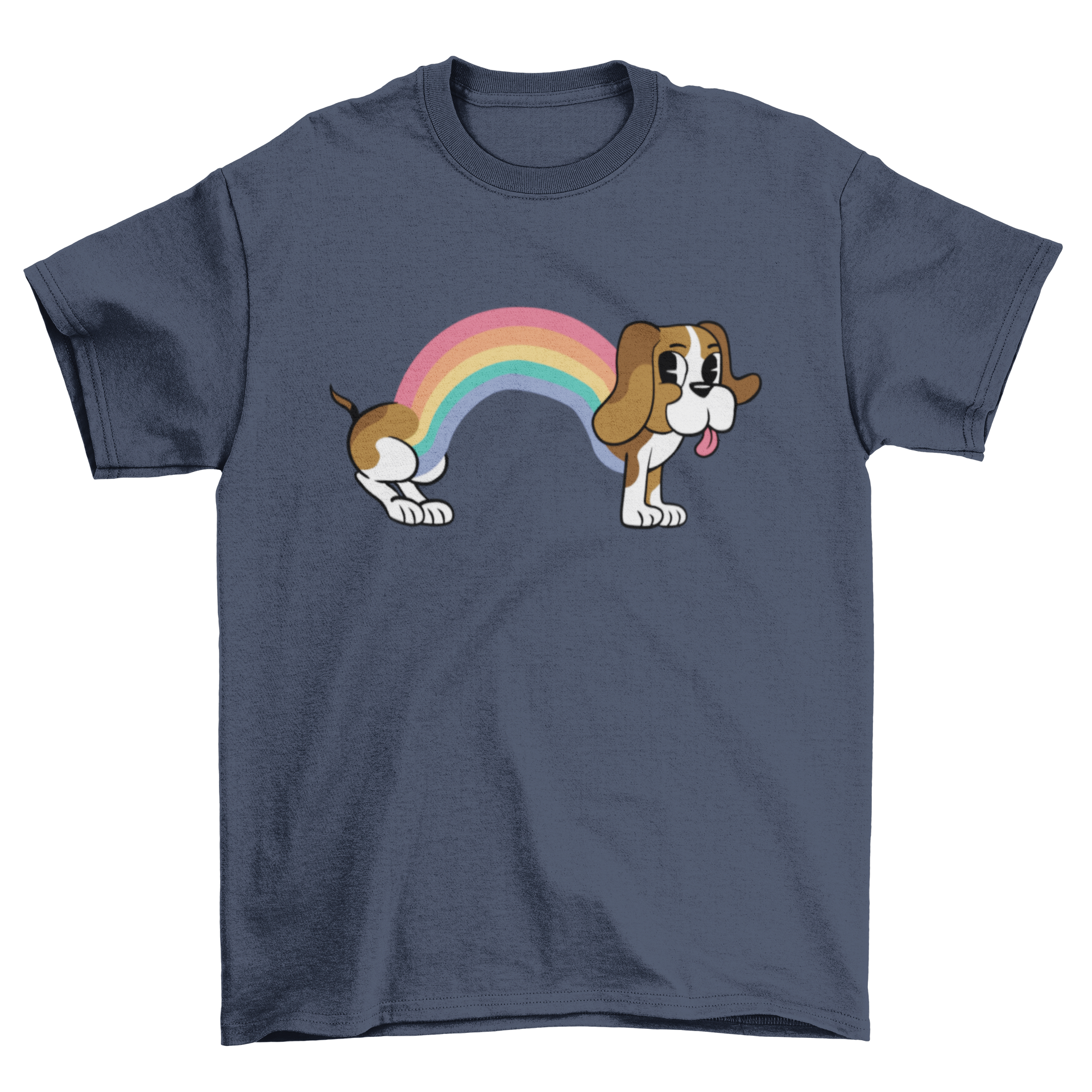 A colorful Rainbow Dog T-Shirt featuring a Beagle illustration, showcasing vibrant colors and a playful design.