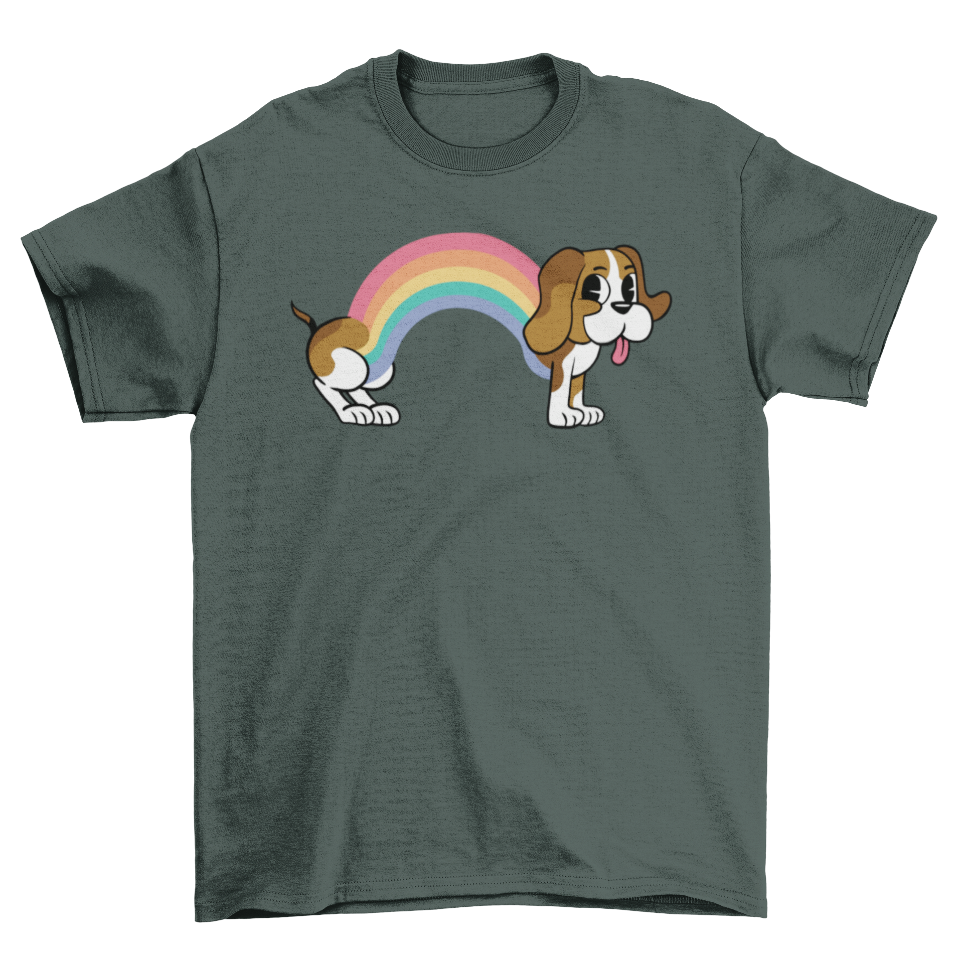 A colorful Rainbow Dog T-Shirt featuring a Beagle illustration, showcasing vibrant colors and a playful design.