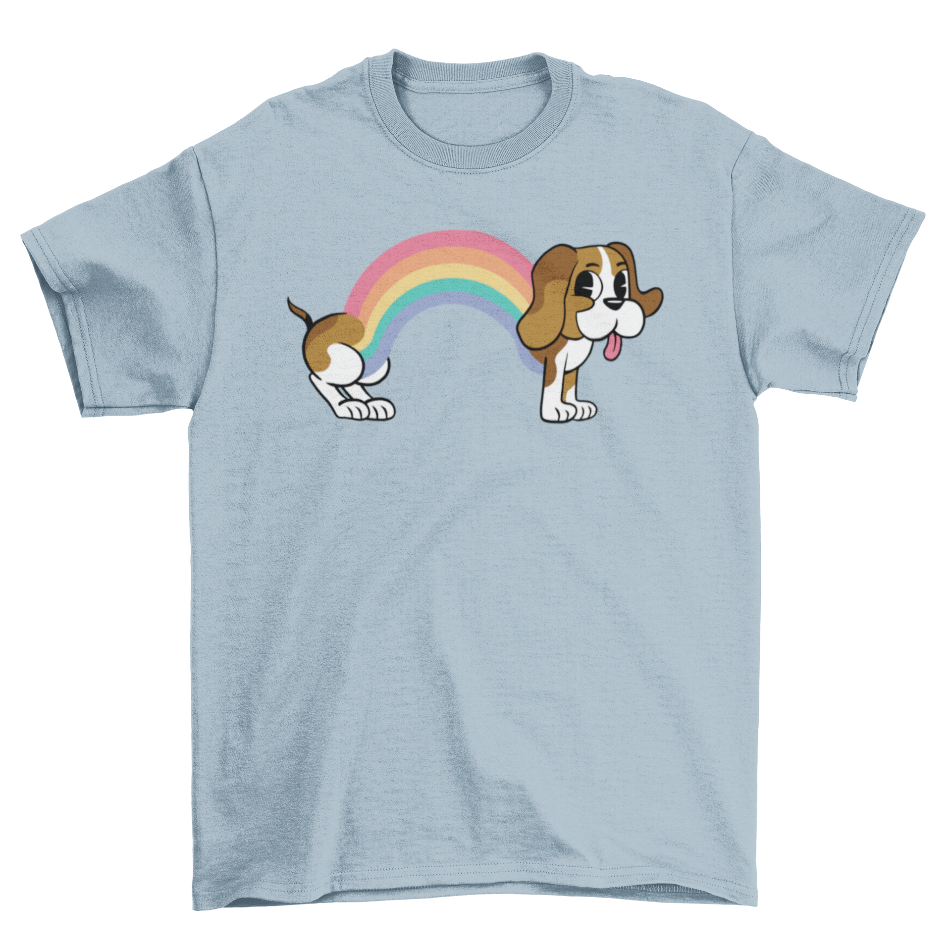 A colorful Rainbow Dog T-Shirt featuring a Beagle illustration, showcasing vibrant colors and a playful design.