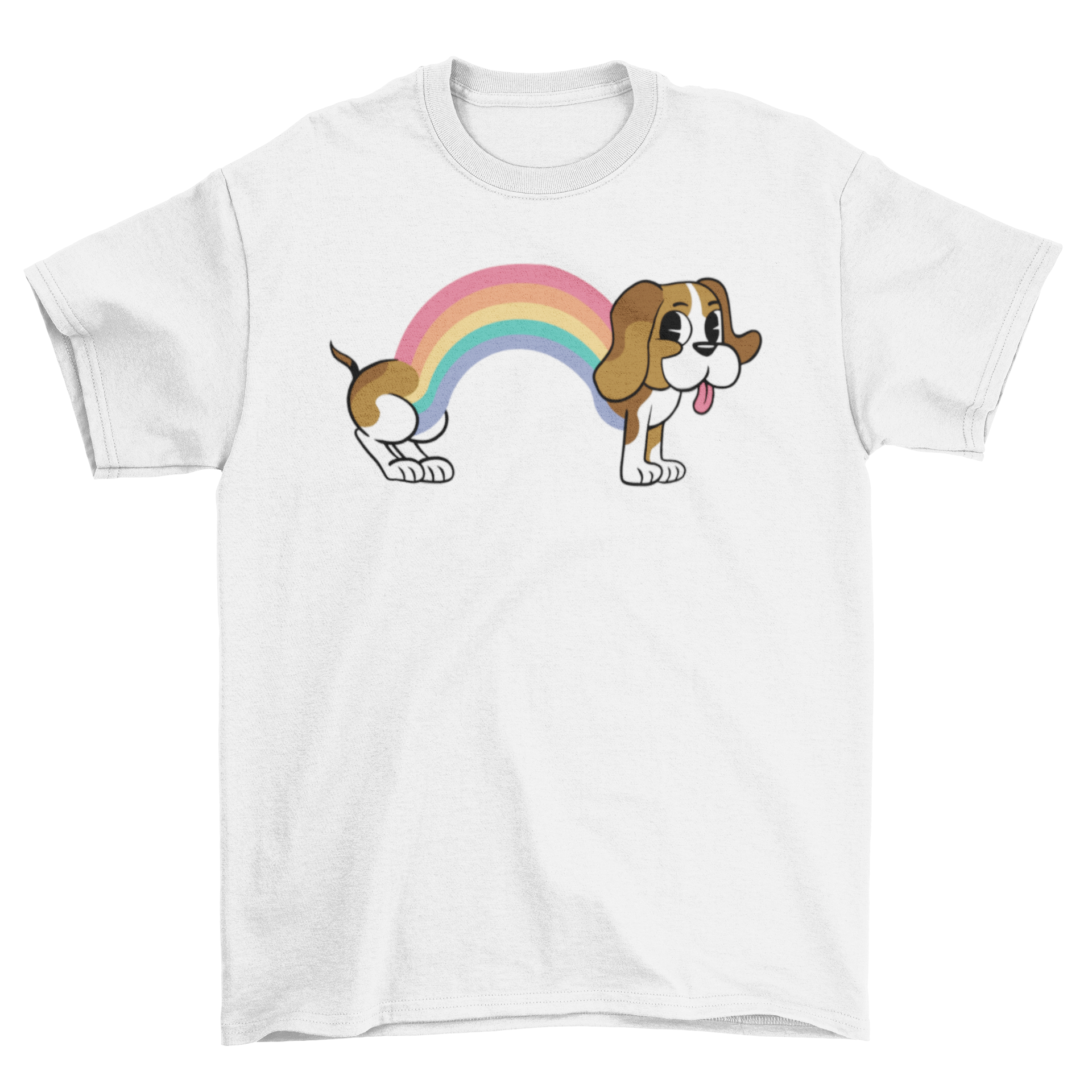 A colorful Rainbow Dog T-Shirt featuring a Beagle illustration, showcasing vibrant colors and a playful design.