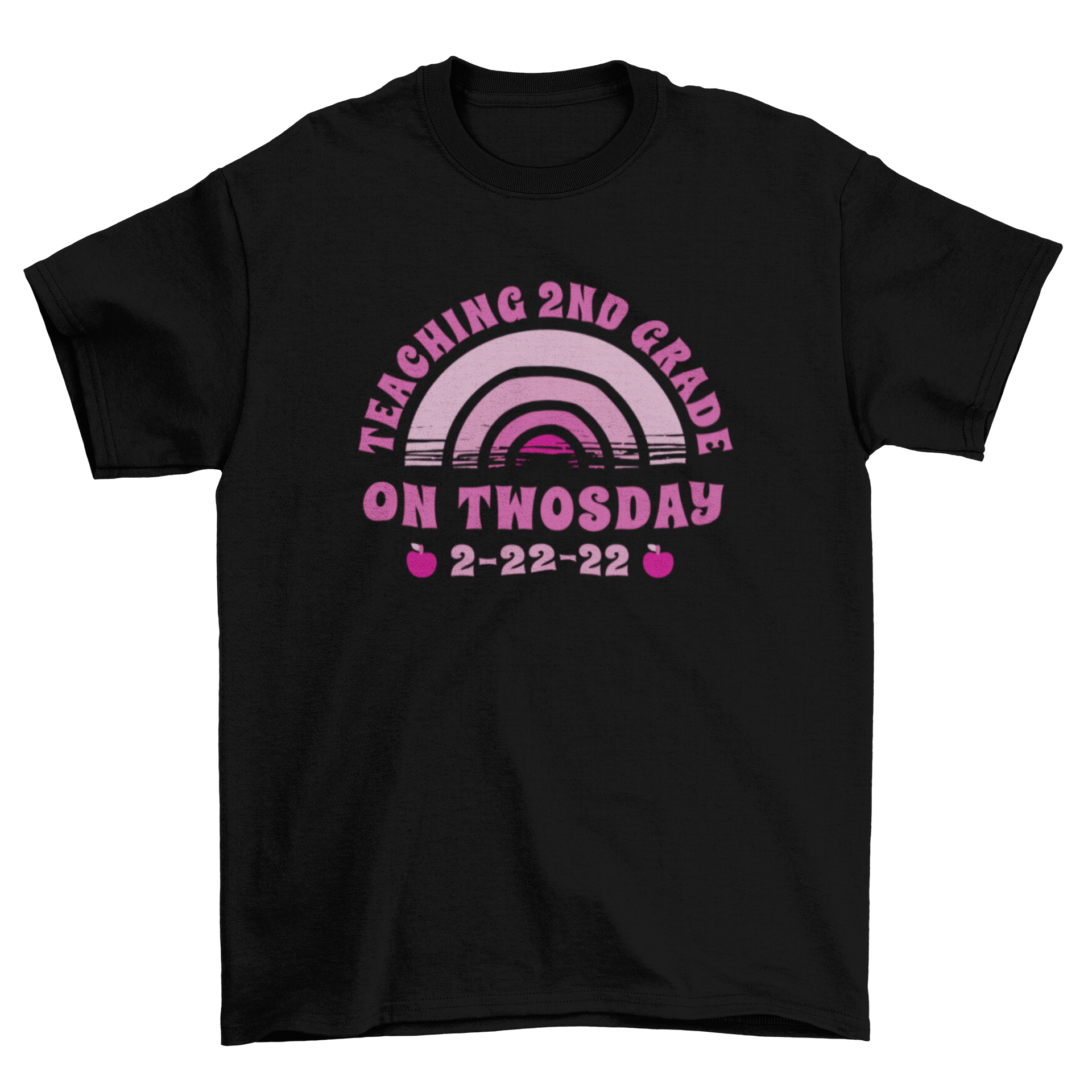 A colorful graphic t-shirt featuring a rainbow and the quote 'Teaching 2nd grade on twosday', perfect for teachers.