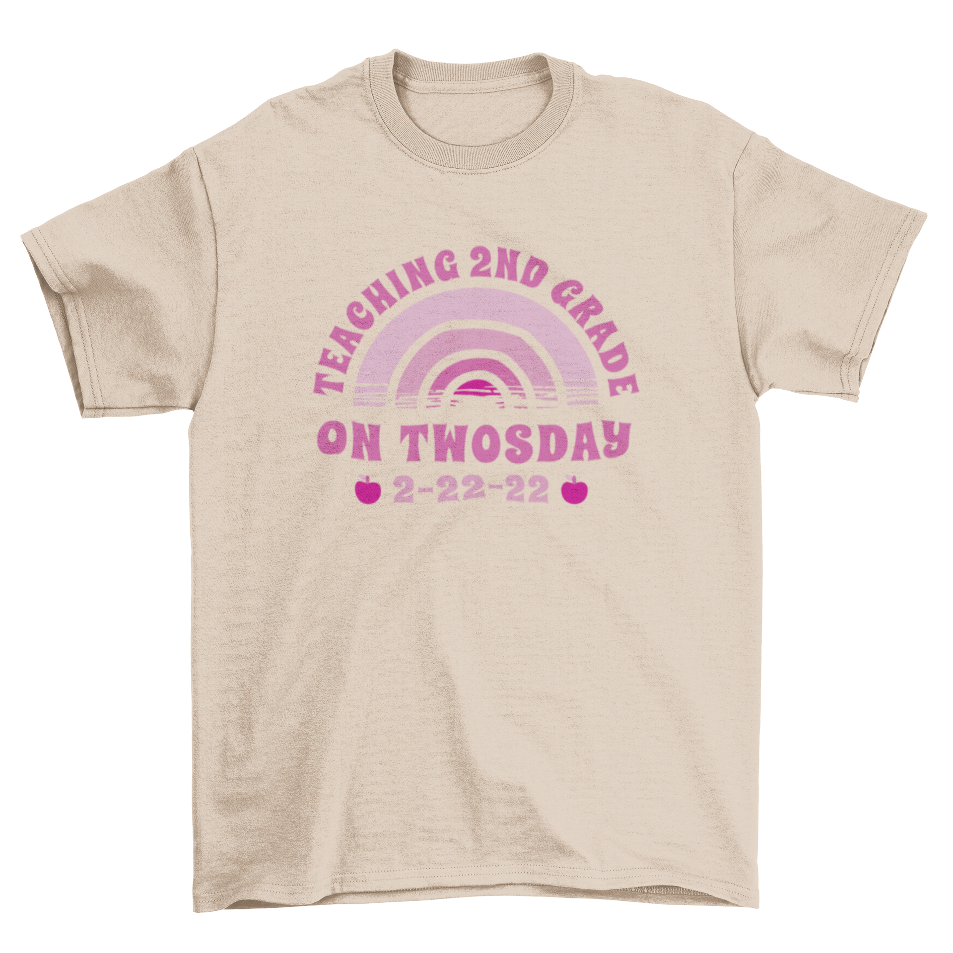 A colorful graphic t-shirt featuring a rainbow and the quote 'Teaching 2nd grade on twosday', perfect for teachers.