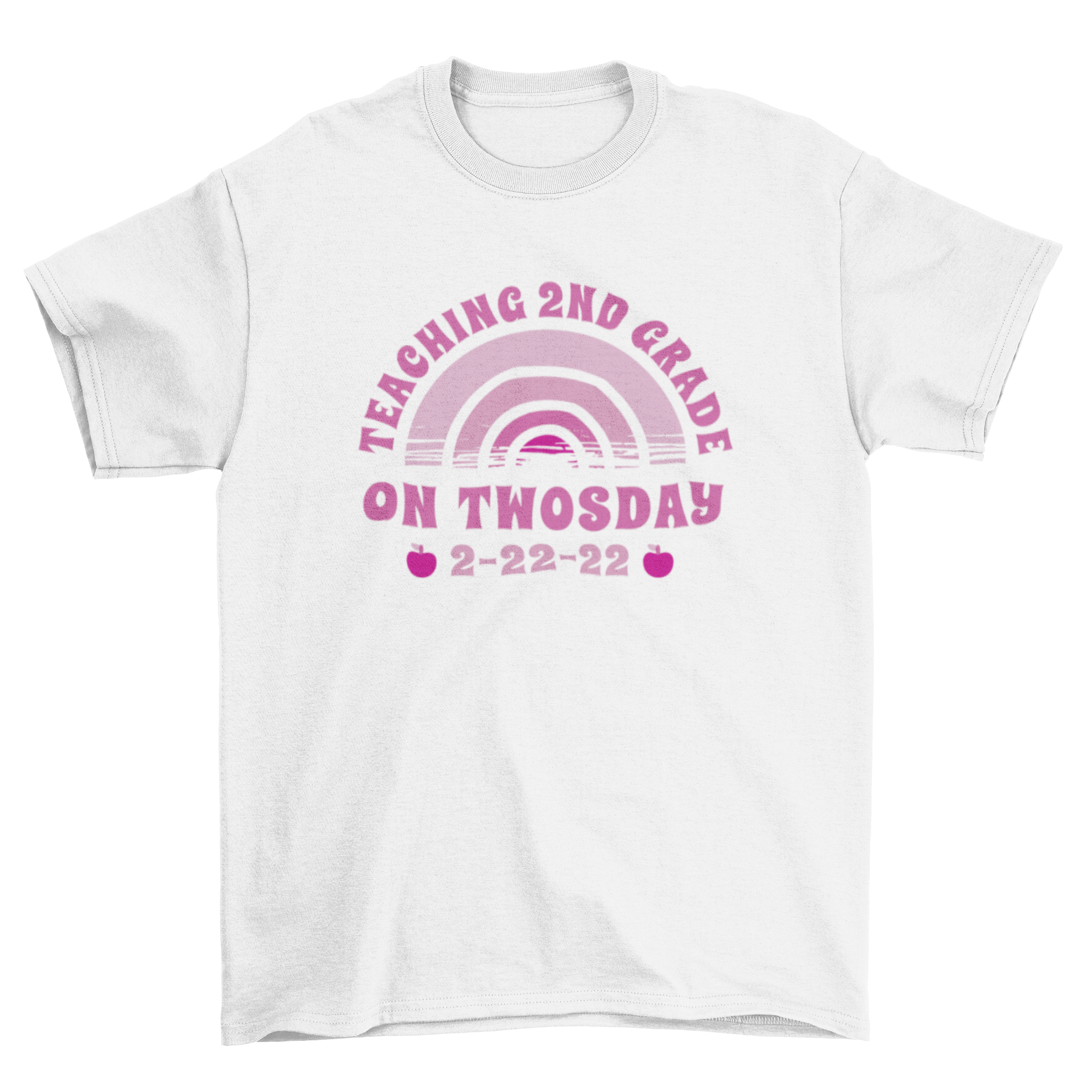 A colorful graphic t-shirt featuring a rainbow and the quote 'Teaching 2nd grade on twosday', perfect for teachers.