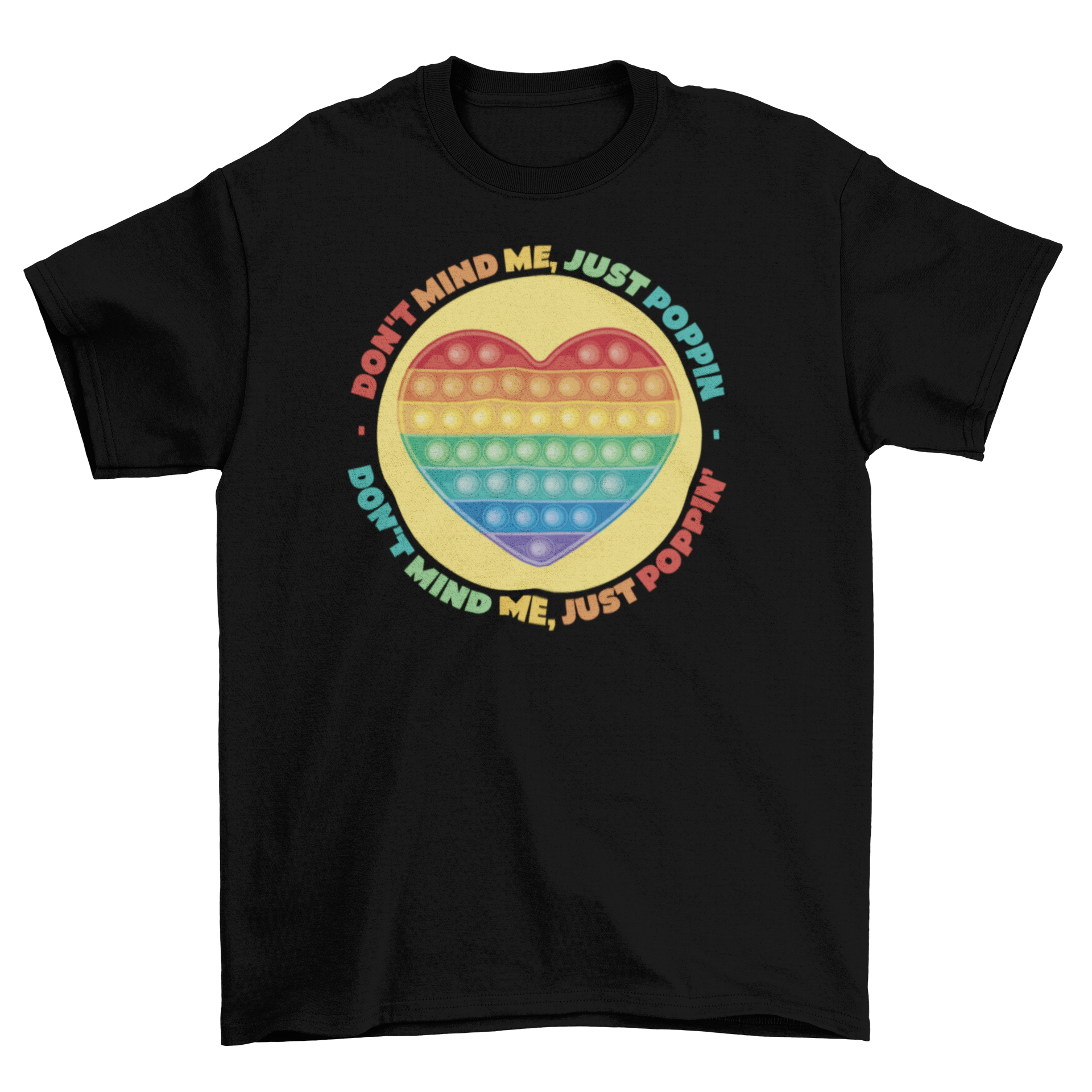 Colorful rainbow heart design on a children's t-shirt with playful quote.