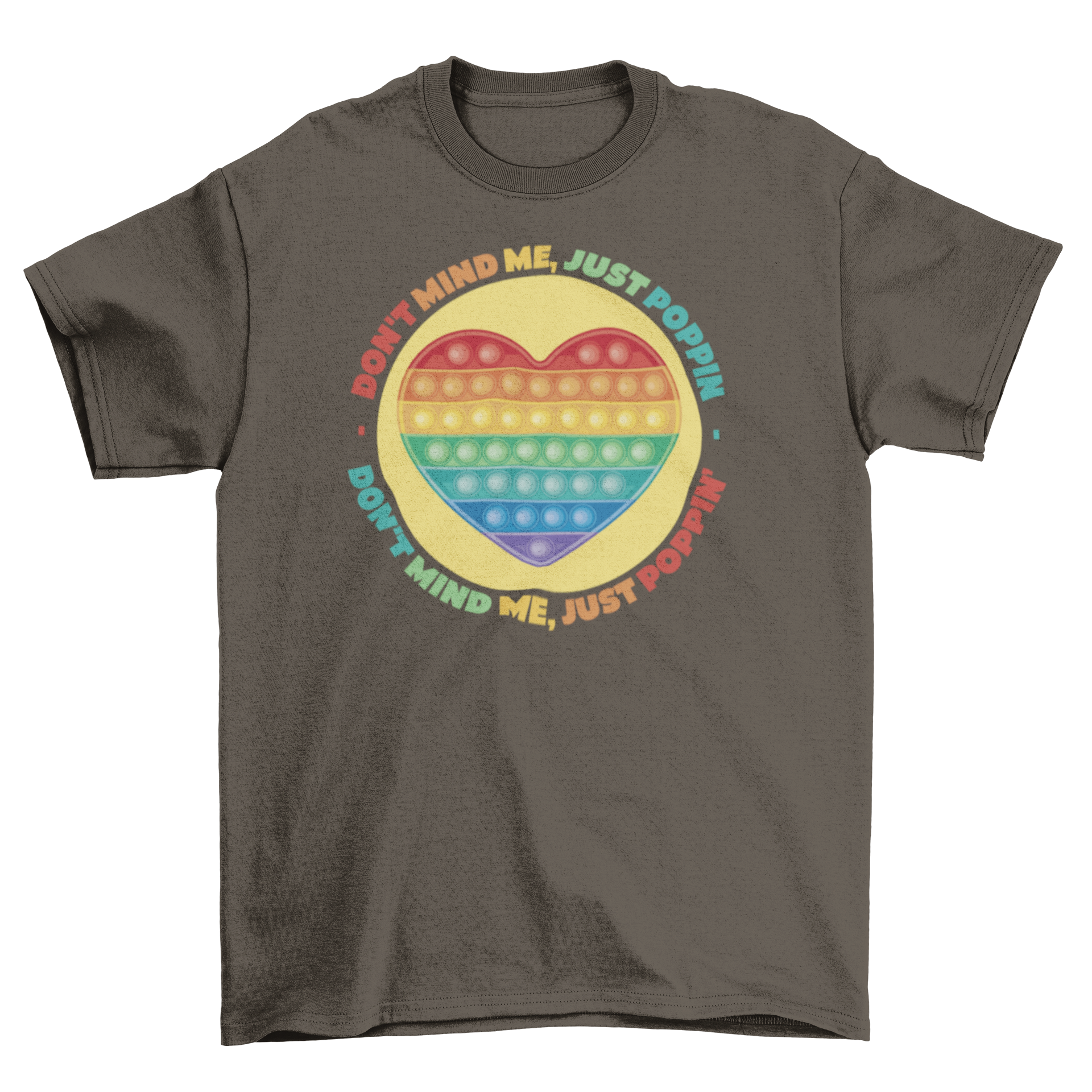 Colorful rainbow heart design on a children's t-shirt with playful quote.