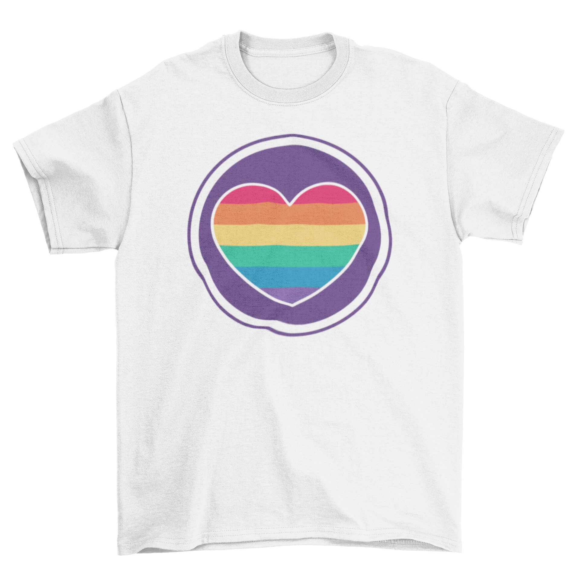 A colorful t-shirt featuring a vibrant rainbow heart design, perfect for casual wear and expressing love.