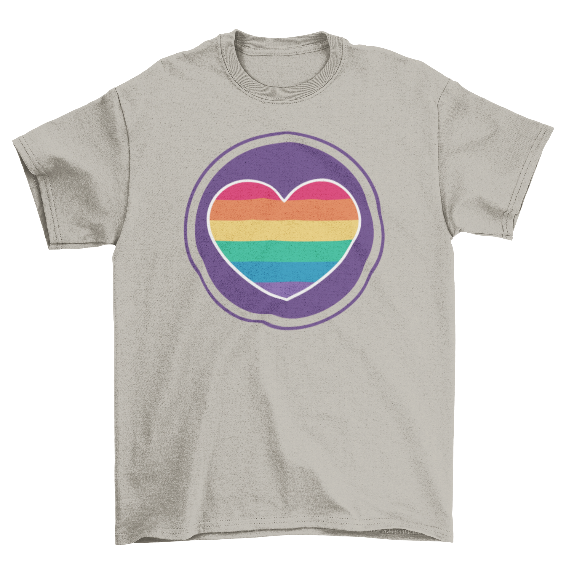 A colorful t-shirt featuring a vibrant rainbow heart design, perfect for casual wear and expressing love.