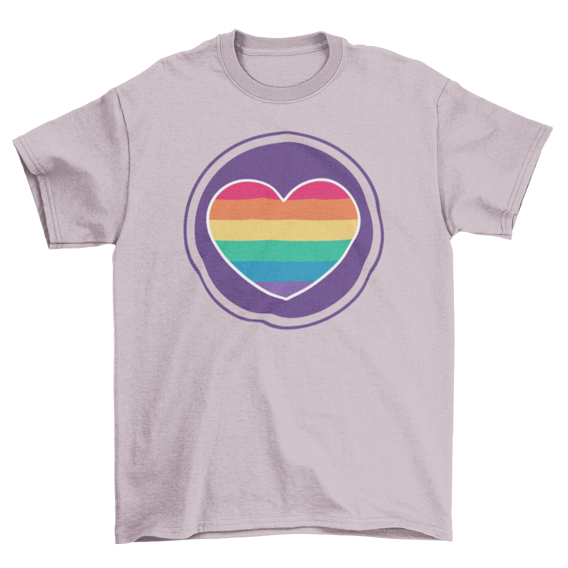 A colorful t-shirt featuring a vibrant rainbow heart design, perfect for casual wear and expressing love.