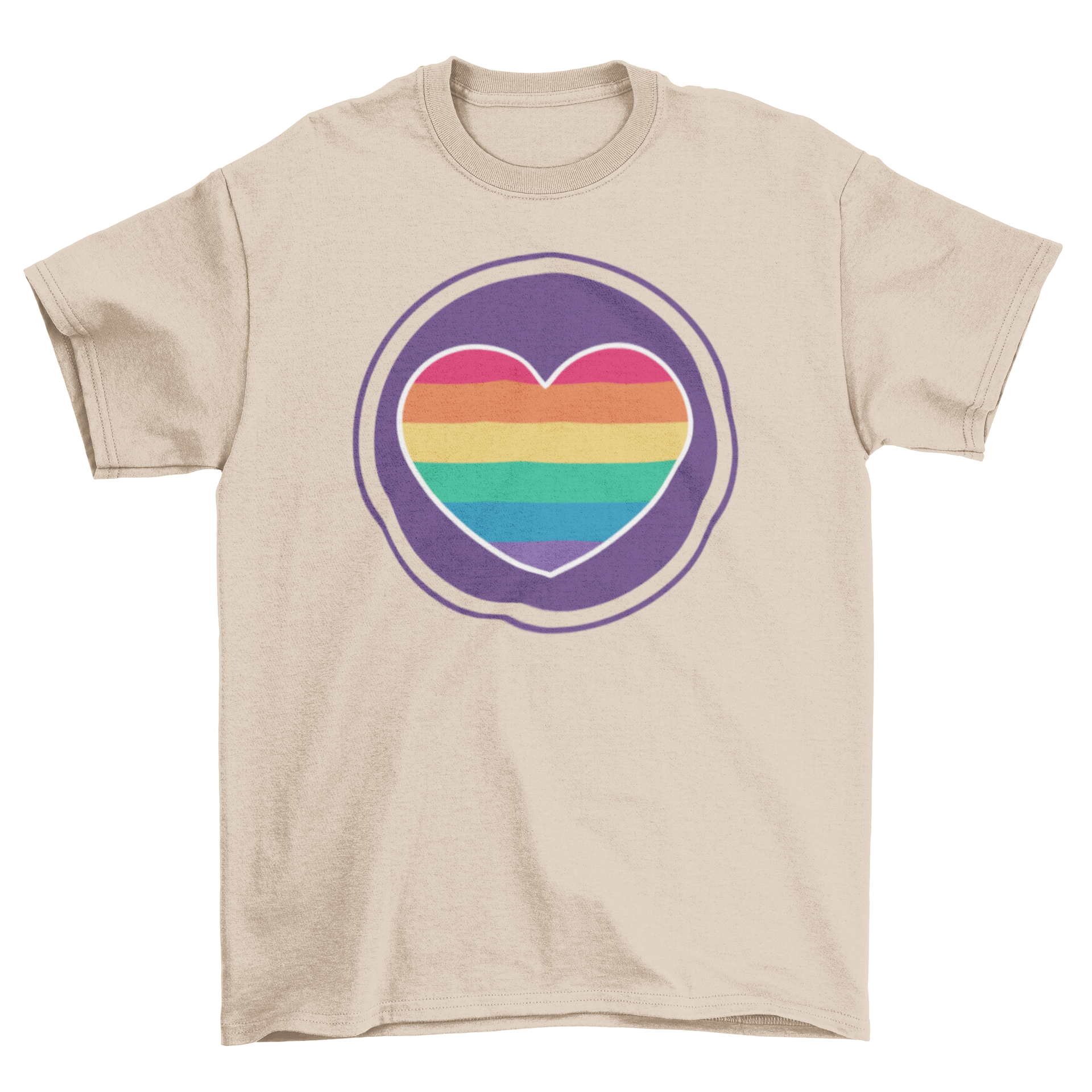 A colorful t-shirt featuring a vibrant rainbow heart design, perfect for casual wear and expressing love.