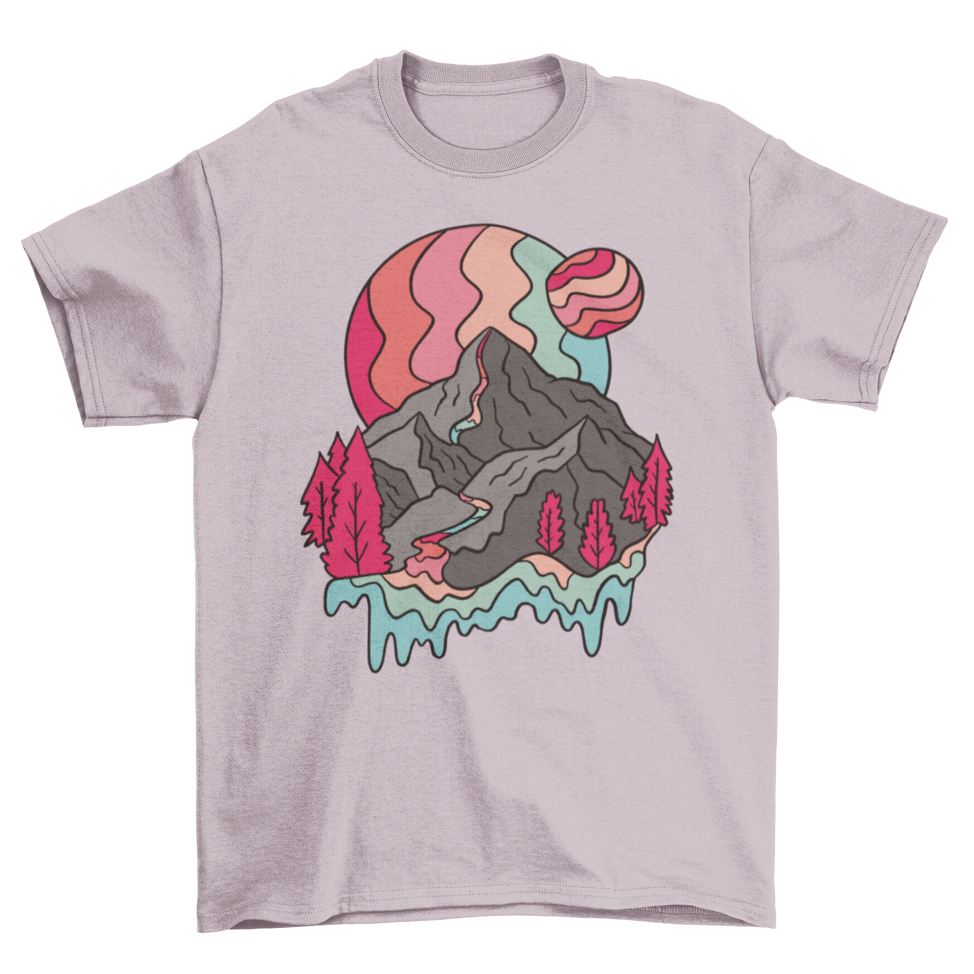 A colorful Rainbow Mountains T-shirt featuring a trippy mountain illustration with vibrant rainbow planets.