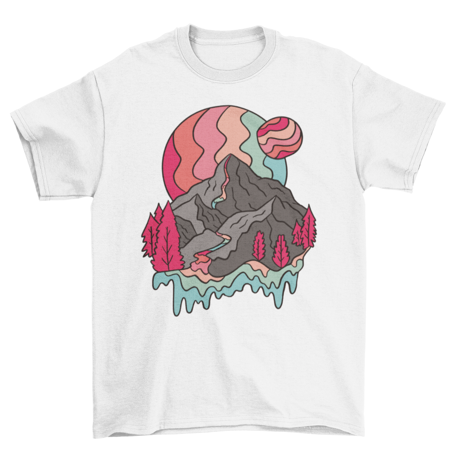 A colorful Rainbow Mountains T-shirt featuring a trippy mountain illustration with vibrant rainbow planets.