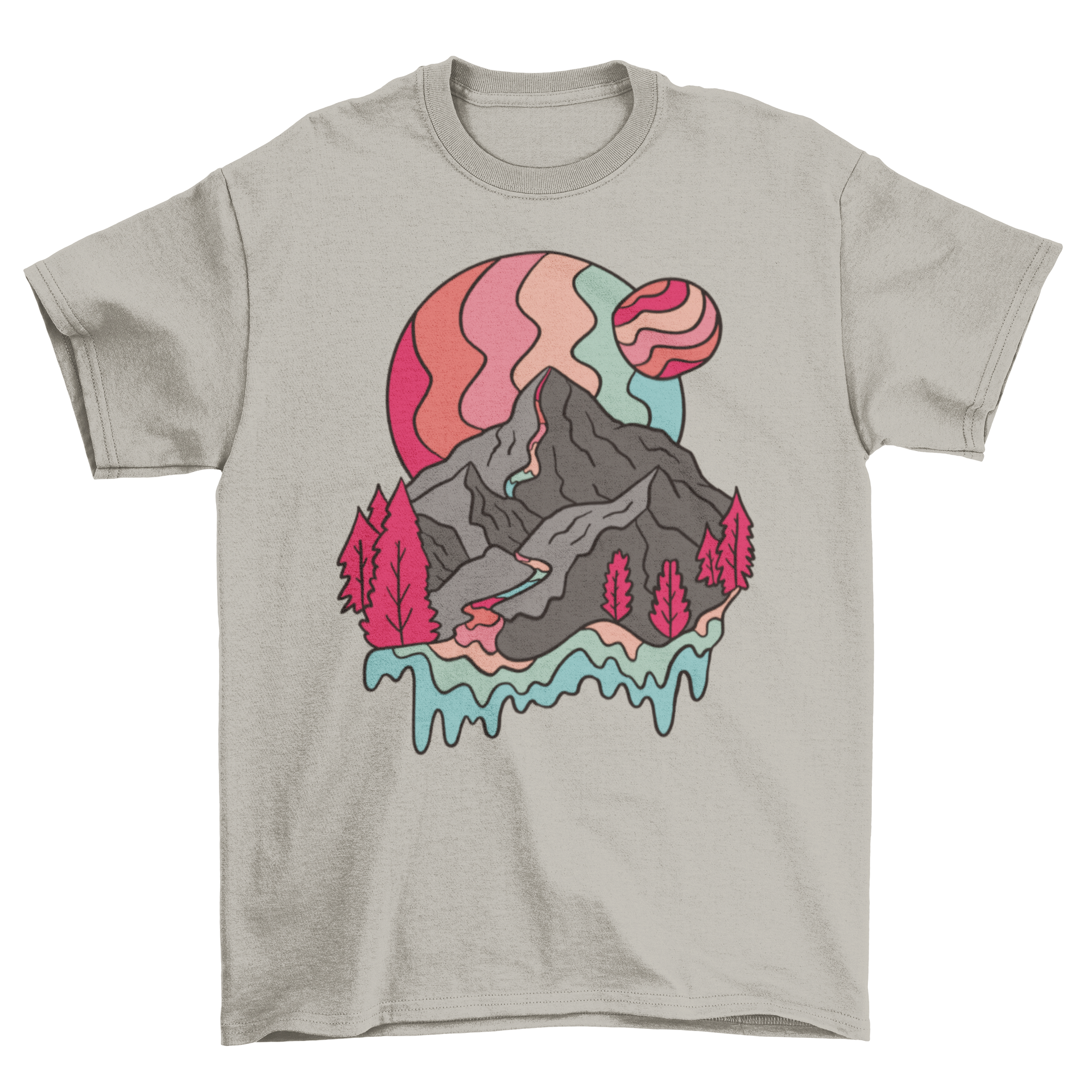 A colorful Rainbow Mountains T-shirt featuring a trippy mountain illustration with vibrant rainbow planets.