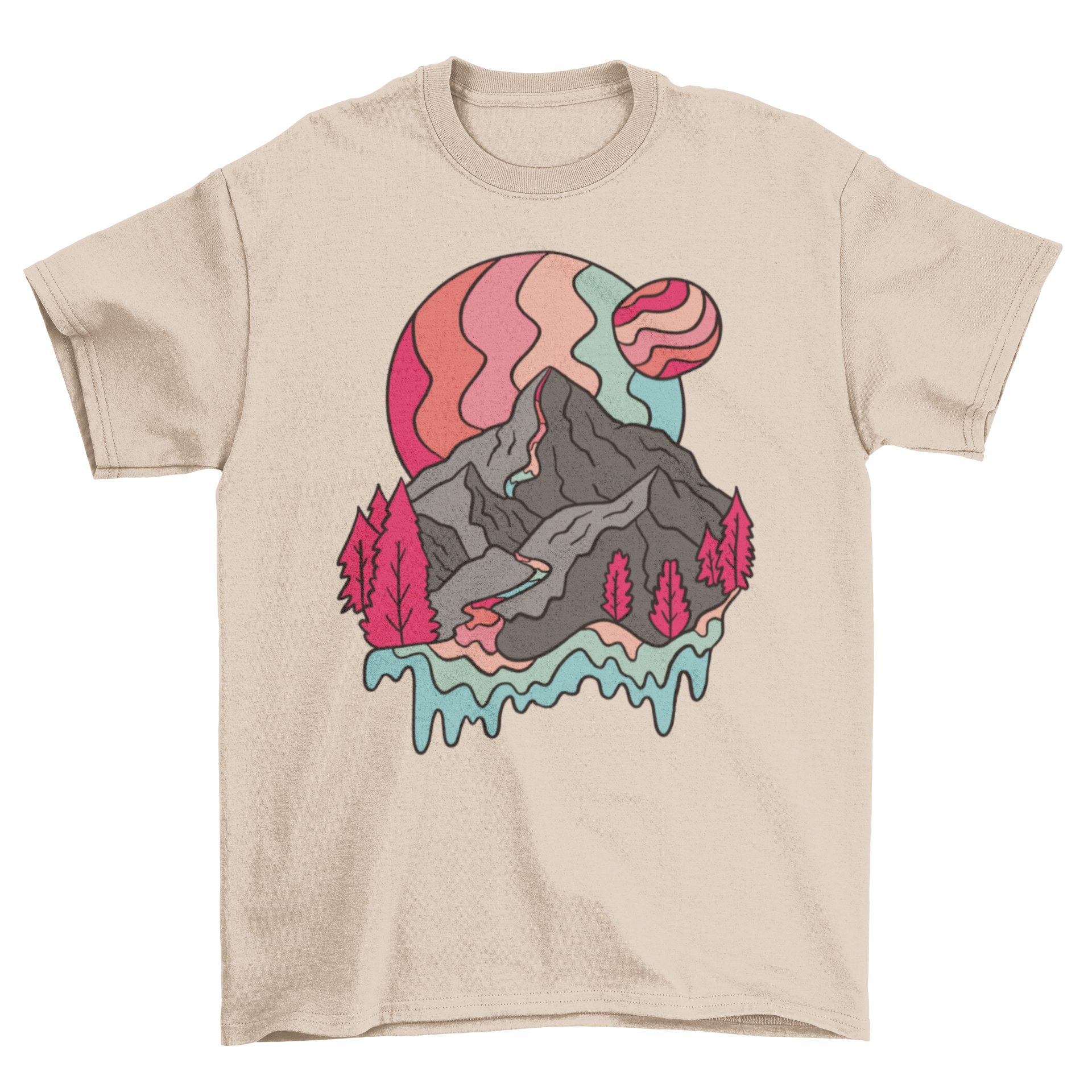 A colorful Rainbow Mountains T-shirt featuring a trippy mountain illustration with vibrant rainbow planets.