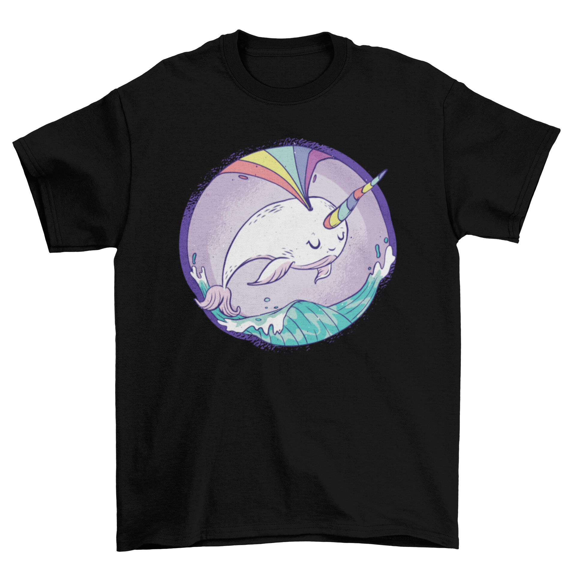 A colorful Rainbow Narwhale T-Shirt featuring a happy narwhale jumping in the sea with a rainbow above.