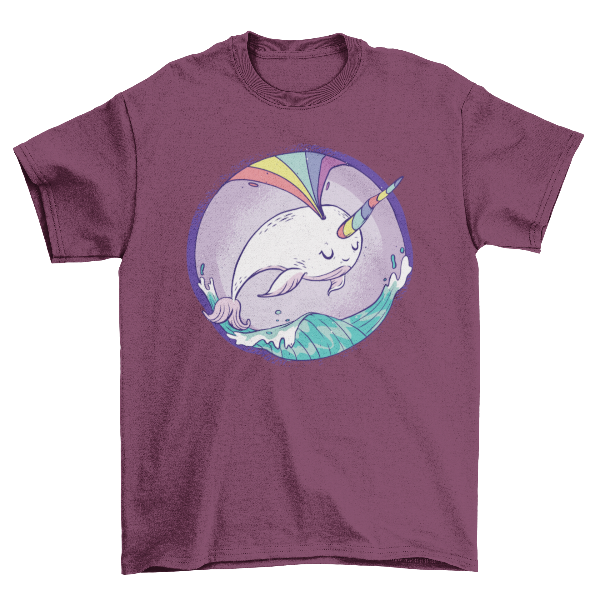 A colorful Rainbow Narwhale T-Shirt featuring a happy narwhale jumping in the sea with a rainbow above.